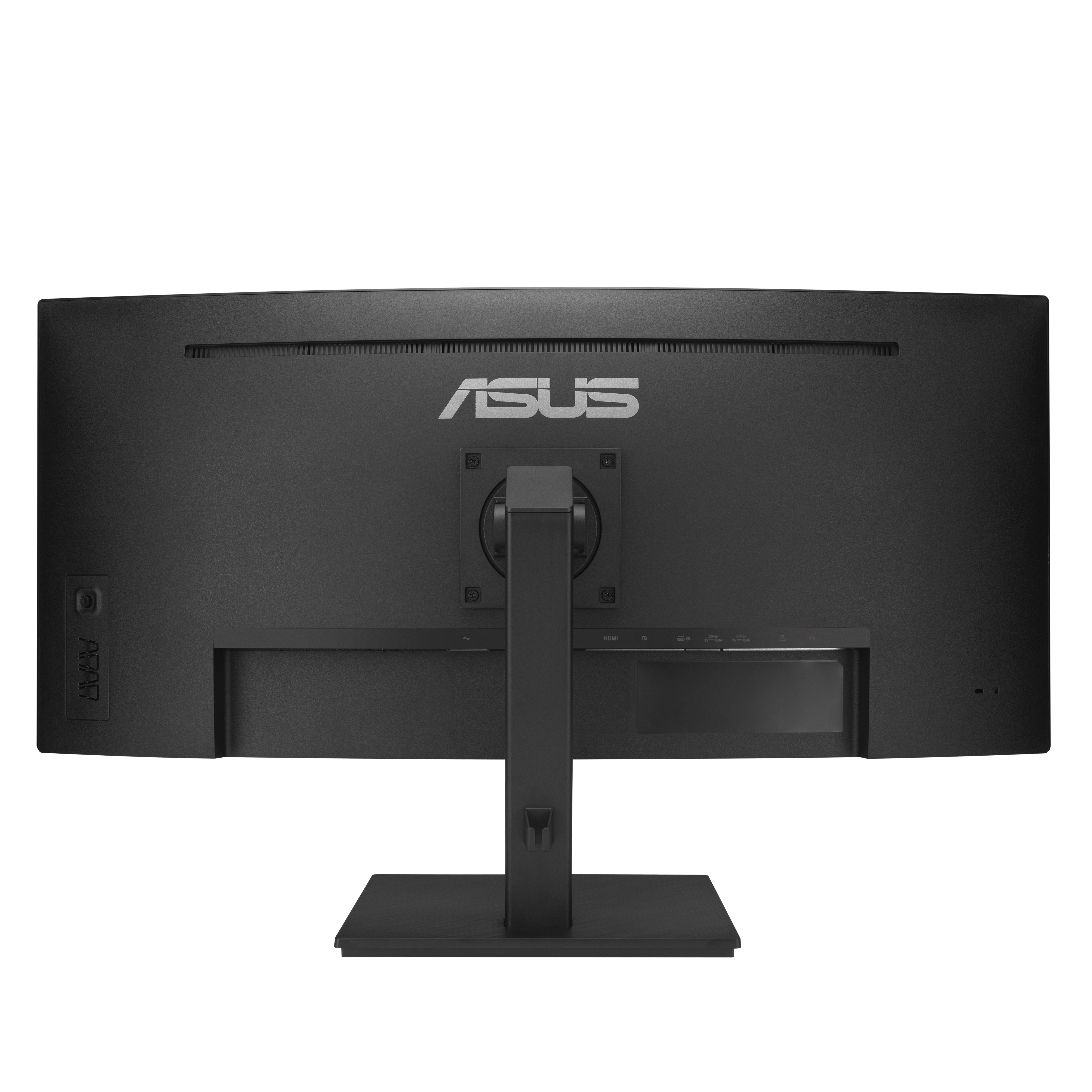 Achterkant van een zwarte ASUS-monitor met standaard. Het ASUS-logo staat in het midden.