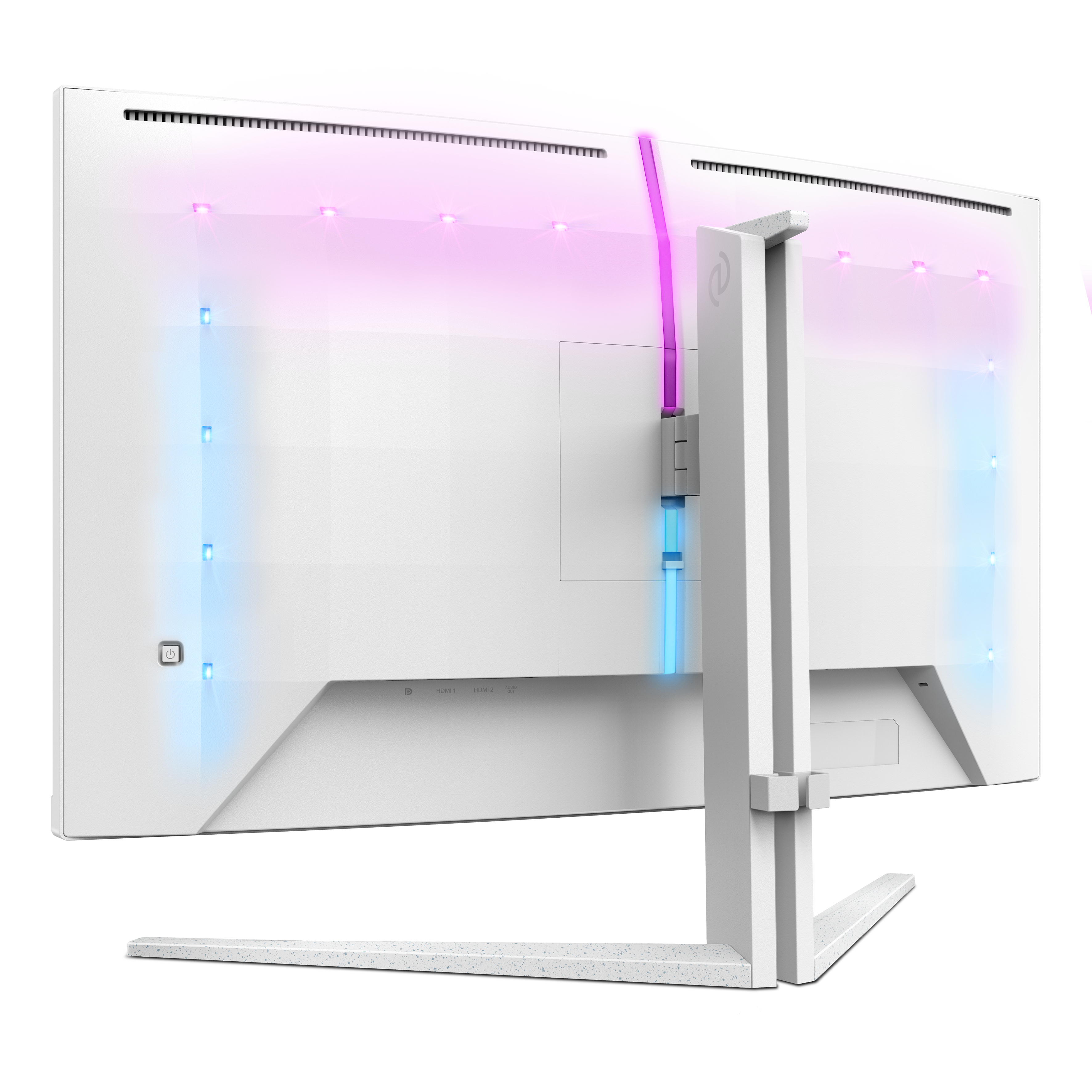 Tył białego monitora ze stojakiem, widoczne kolorowe światła i porty.