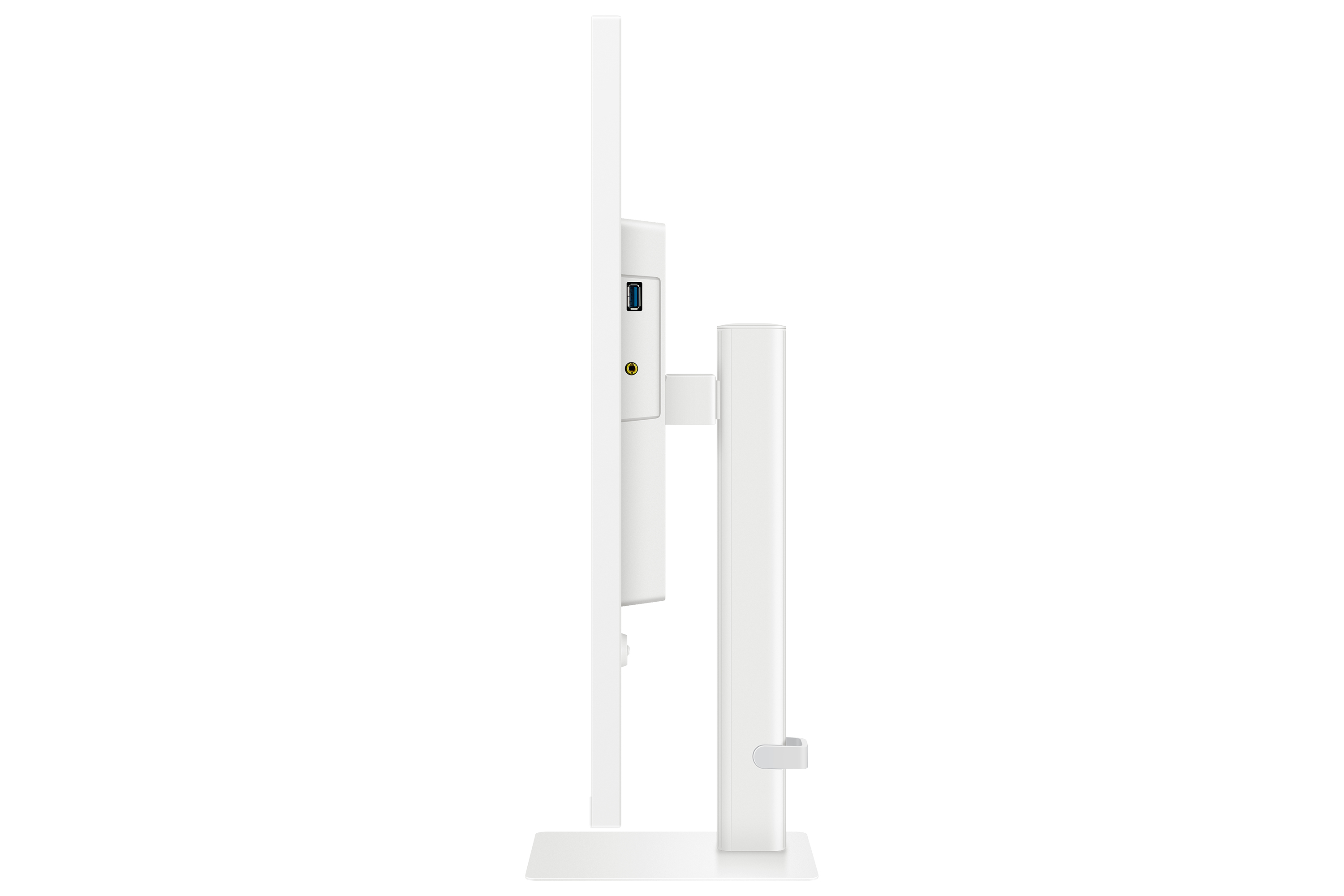 Widok z boku białego monitora z cienką białą podstawą i portem USB.