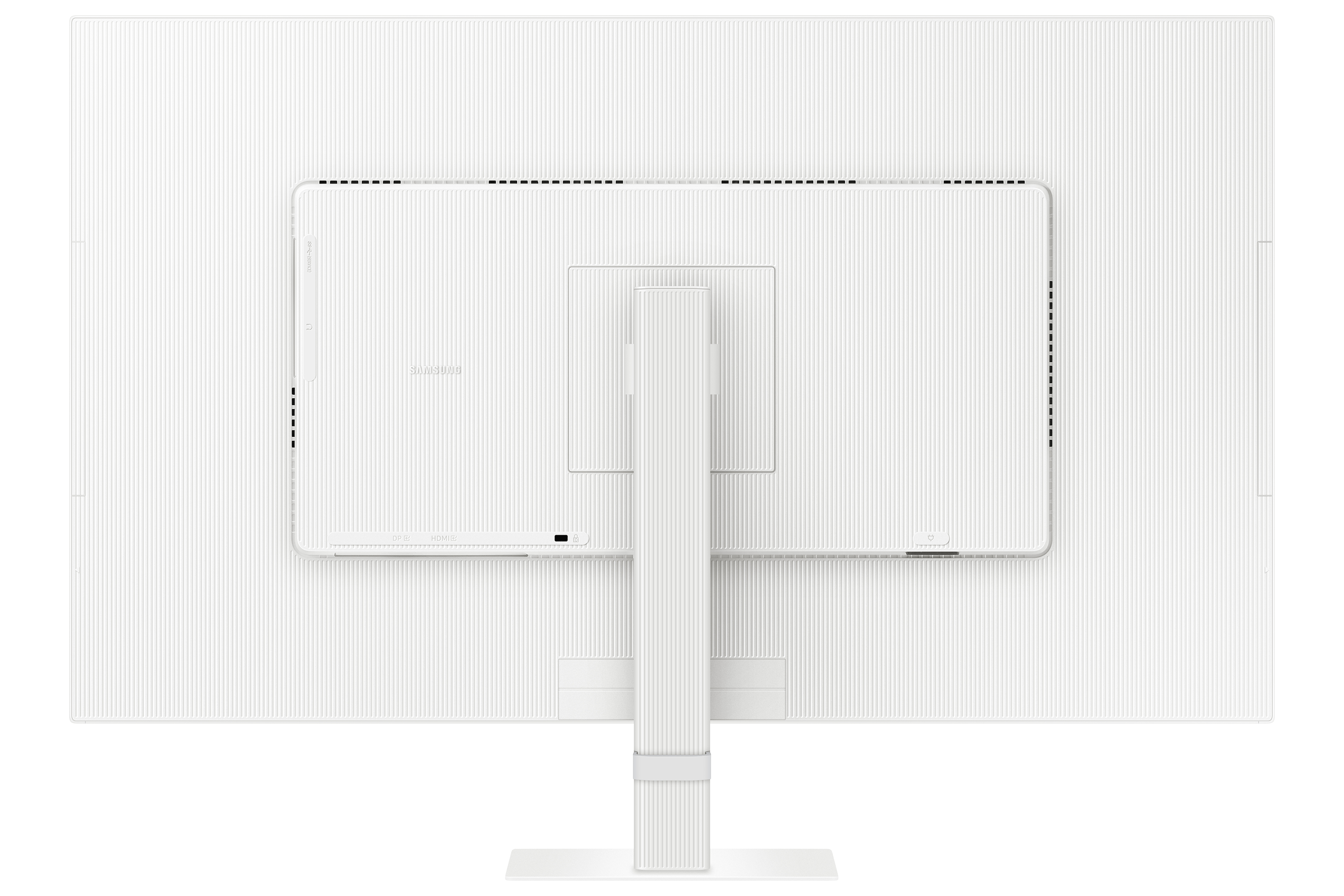 Tył białego monitora z logo Samsung i wzorem linii.