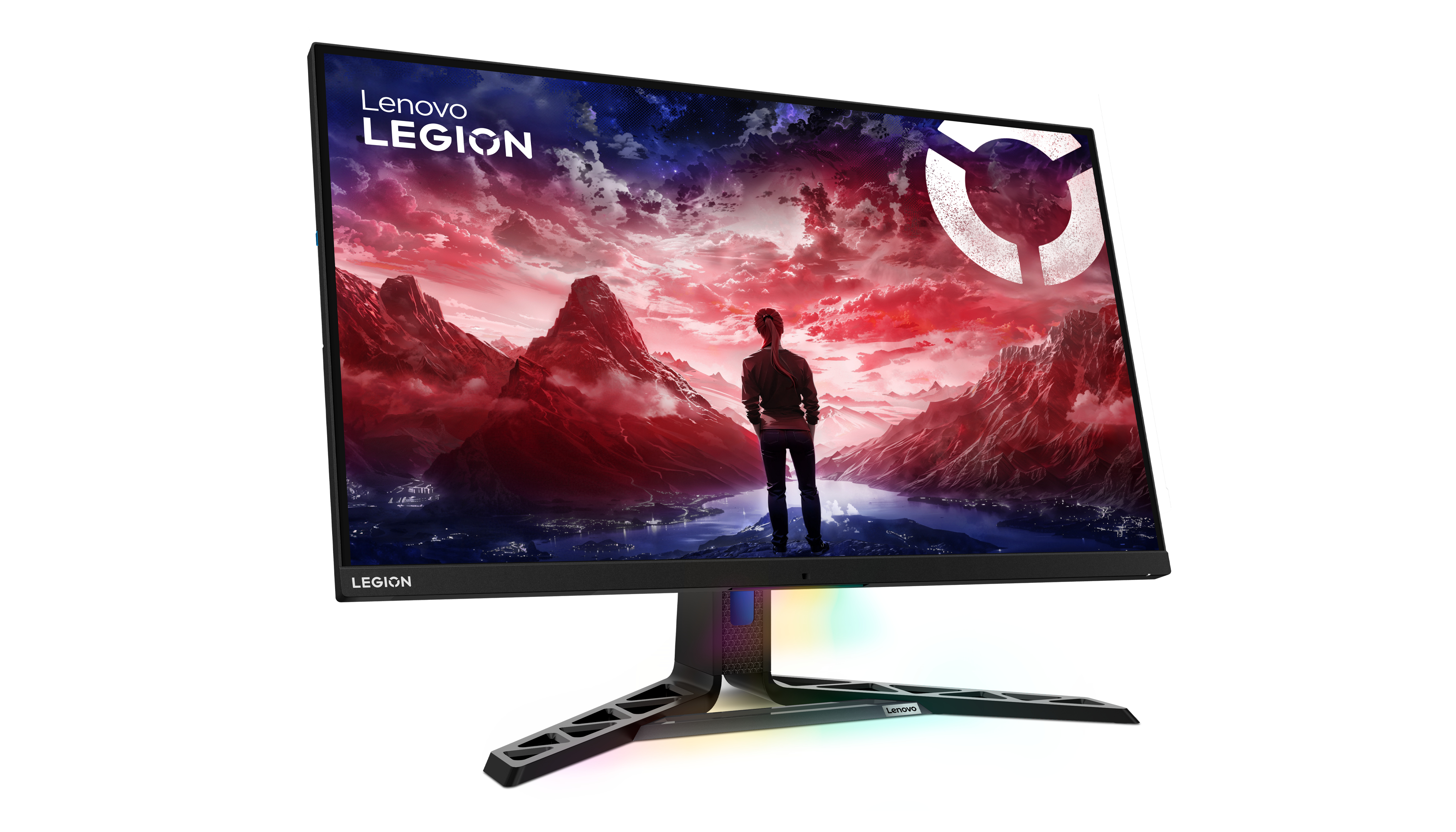 Ein Lenovo Legion Gaming-Monitor, der einen Gamer in einer Fantasieszene zeigt. Oben rechts ein weißes Logo.