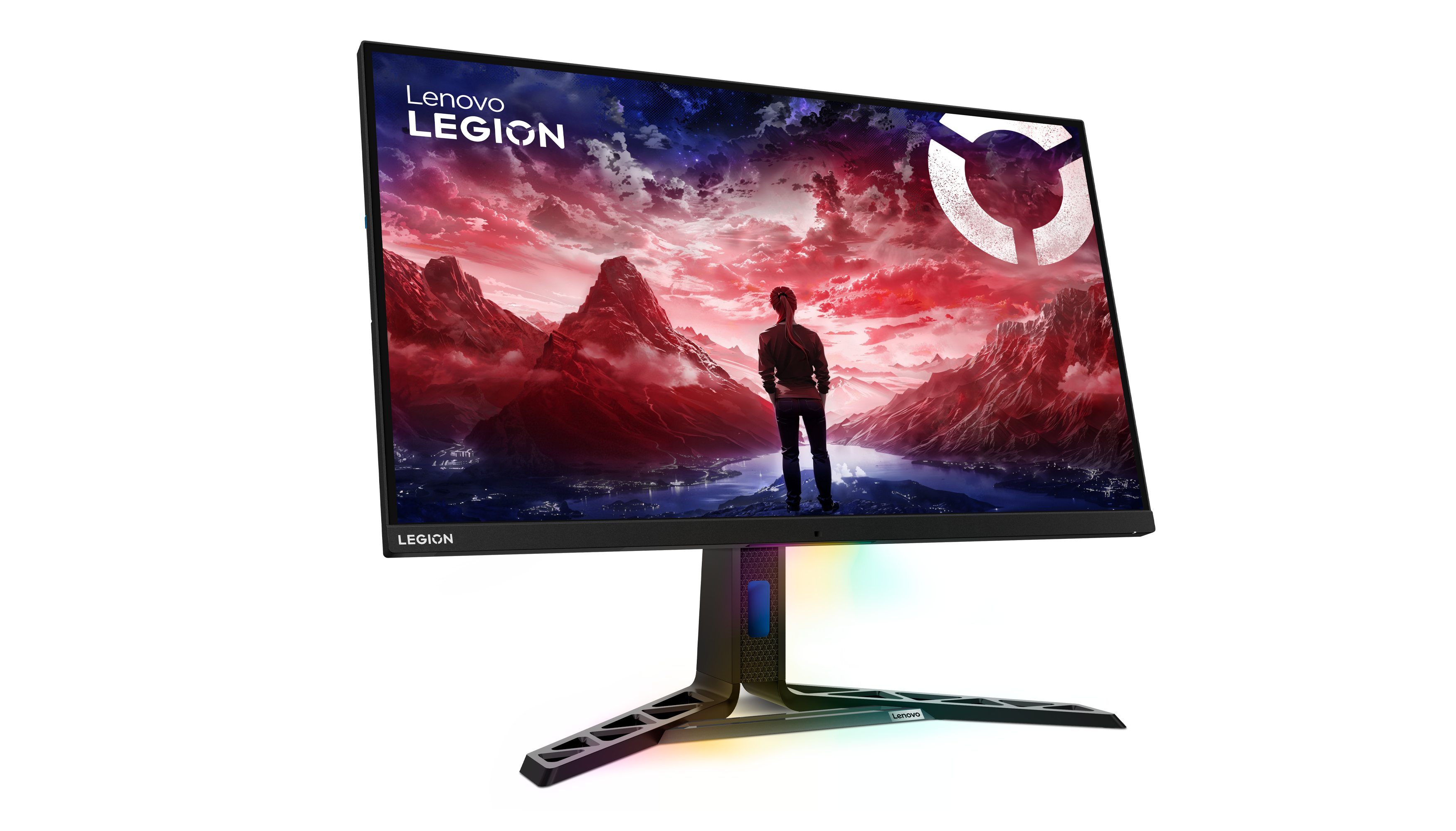 Lenovo Legion Monitor. Der Bildschirm zeigt einen Mann in einem bunten Hintergrund.