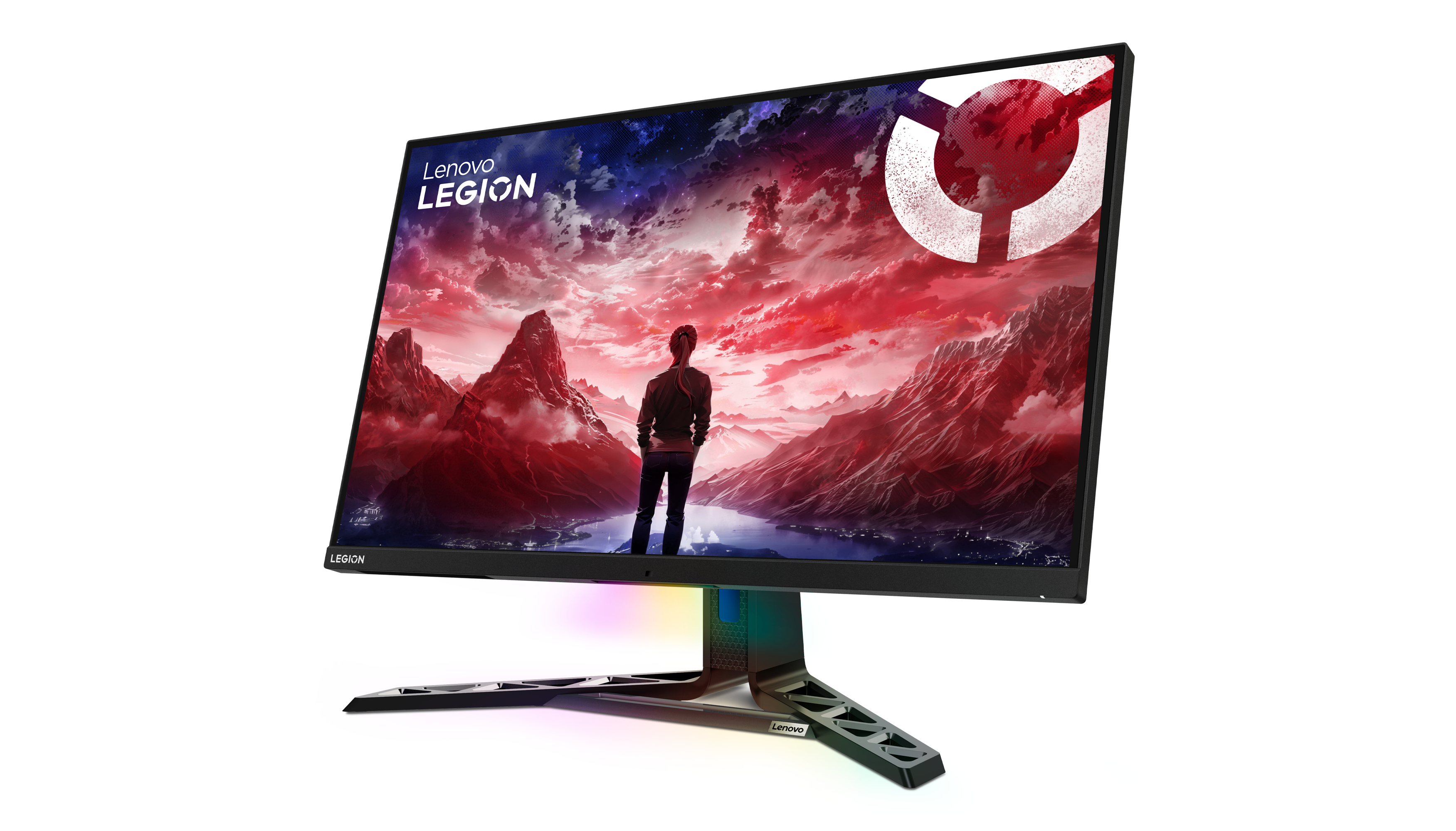 Ein Gaming-Monitor mit farbenfroher Anzeige mit einer Silhouette und einem Logo.