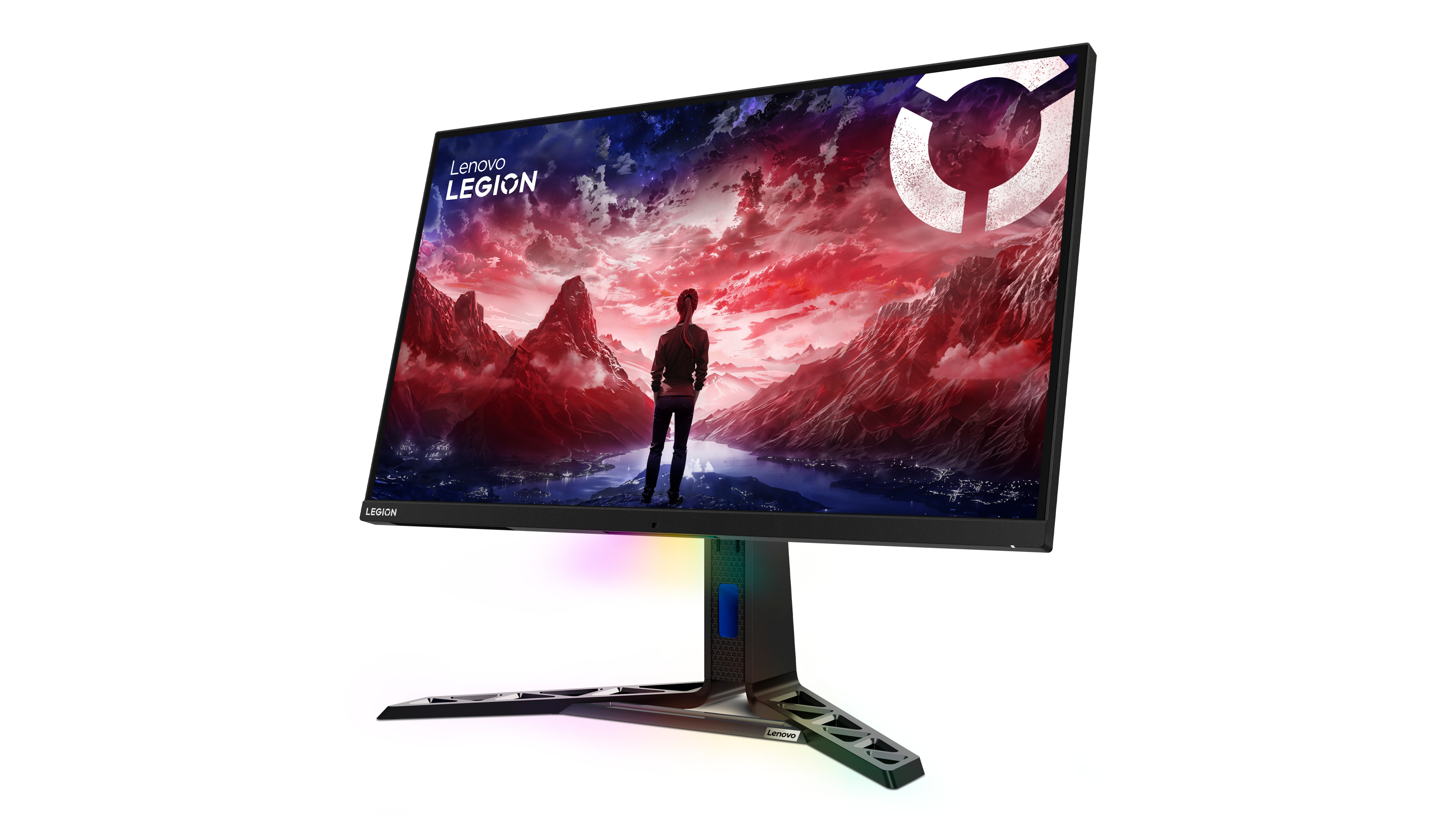 Ein Gaming-Monitor mit farbenfroher Darstellung von Bergen und einer Mann-Silhouette.