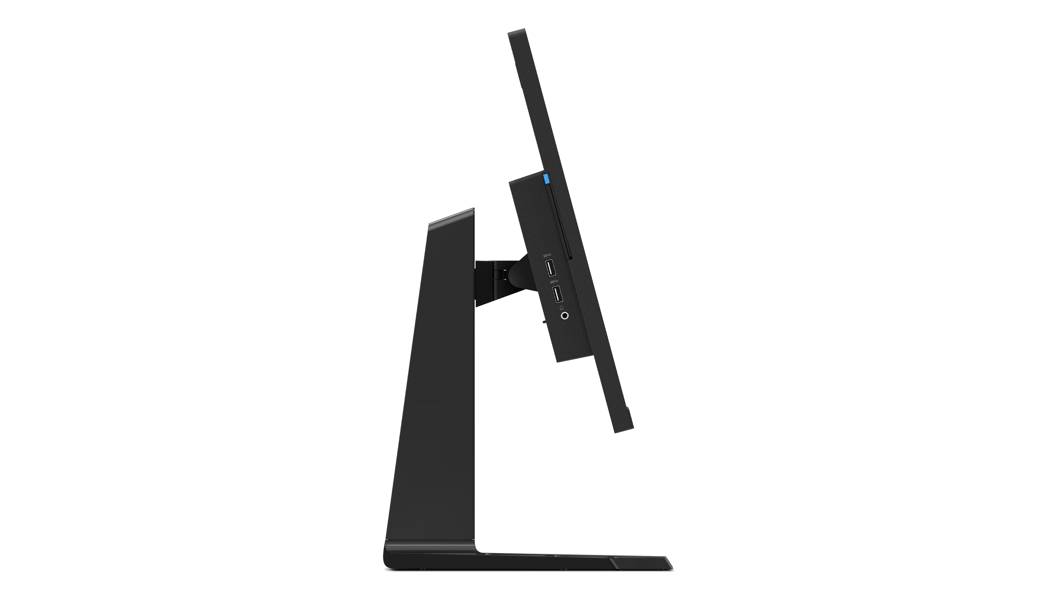 Seitenansicht eines schwarzen Monitors mit schwarzem Ständer. Es hat USB-Anschlüsse und einen Stromeingang.