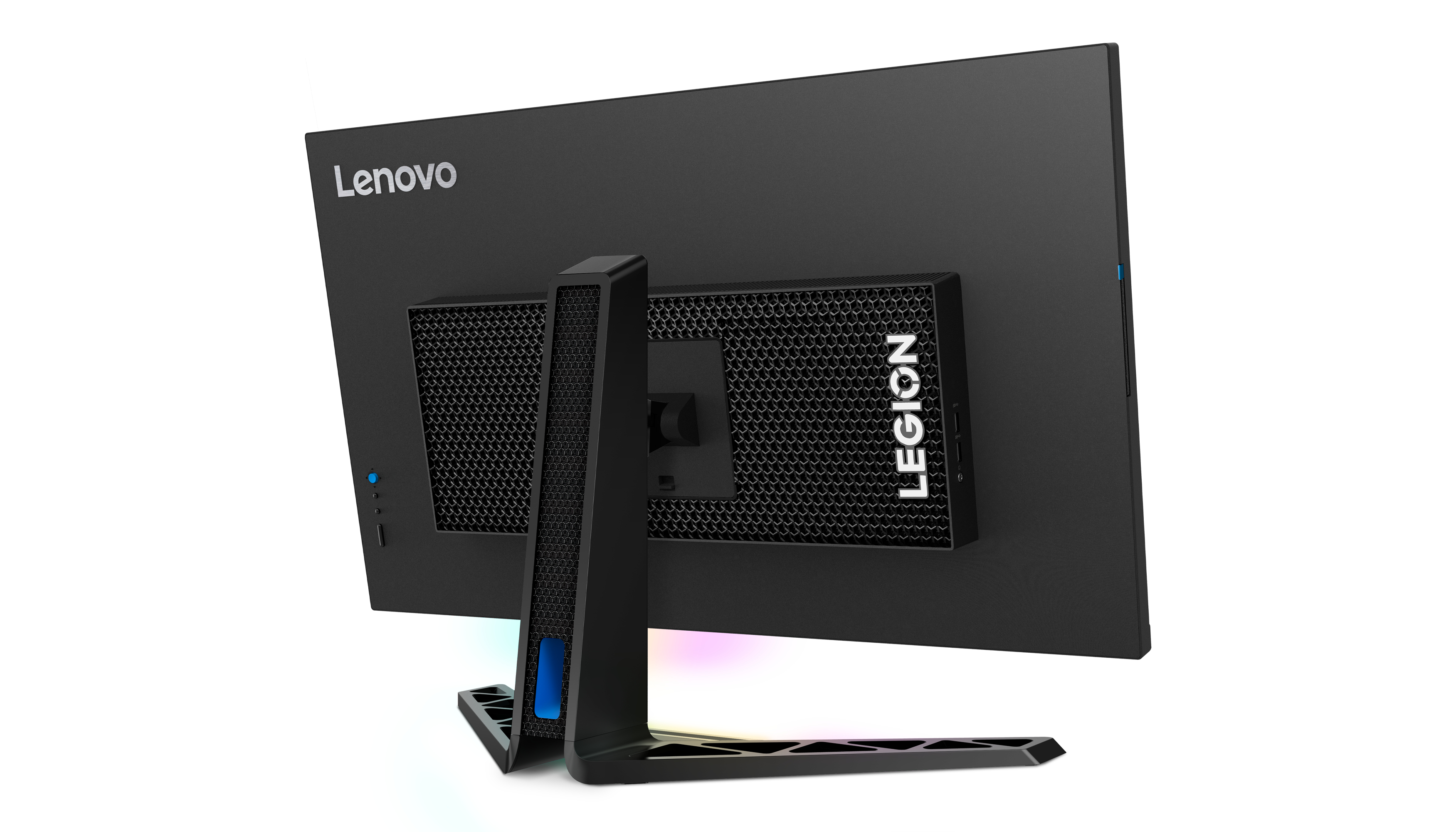 Rückseite eines Lenovo Legion Monitors, schwarz mit Wabenmuster und Legion Logo.