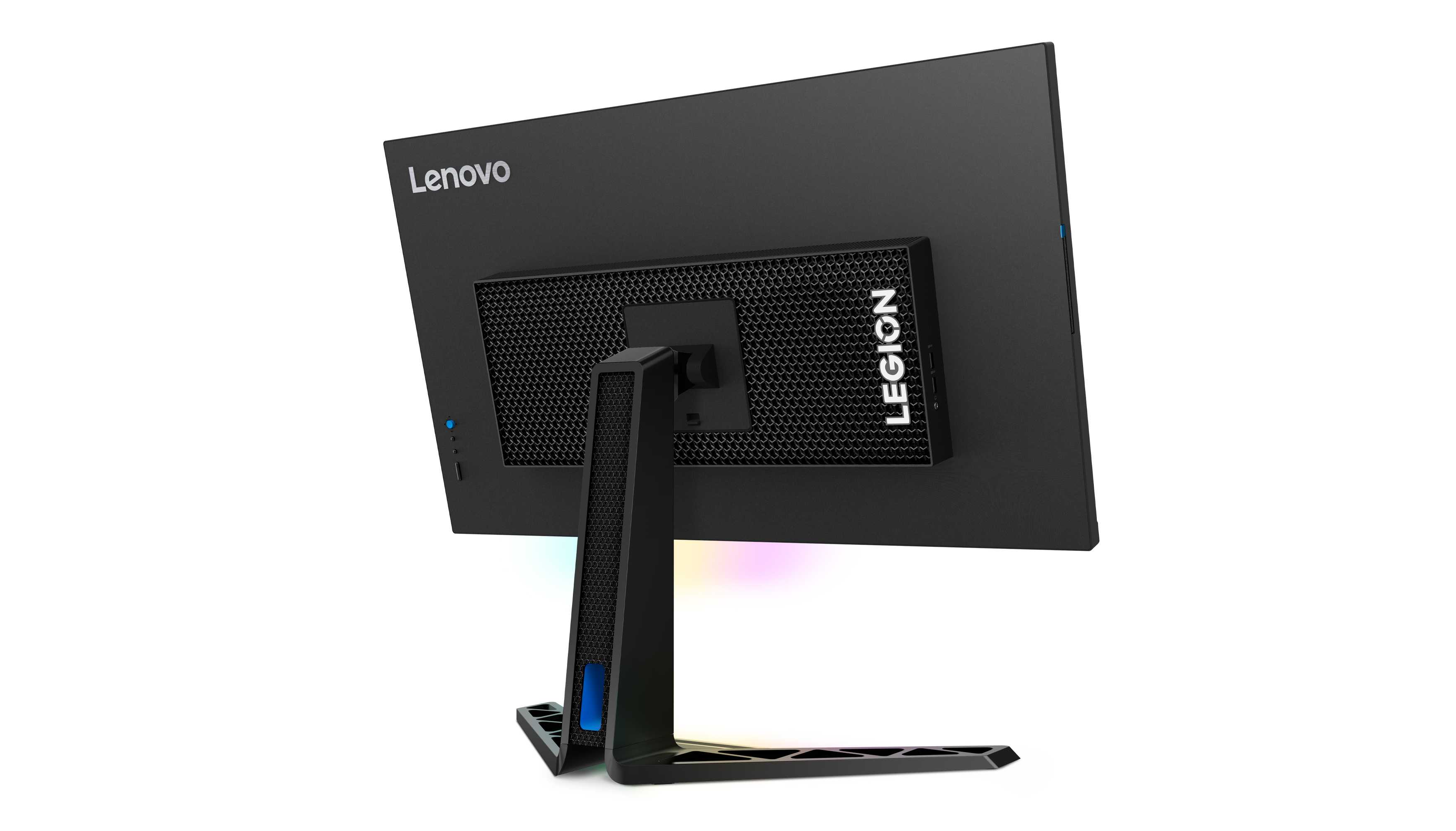 Die Rückseite eines schwarzen Lenovo Legion Monitors mit Ständer und Logo.