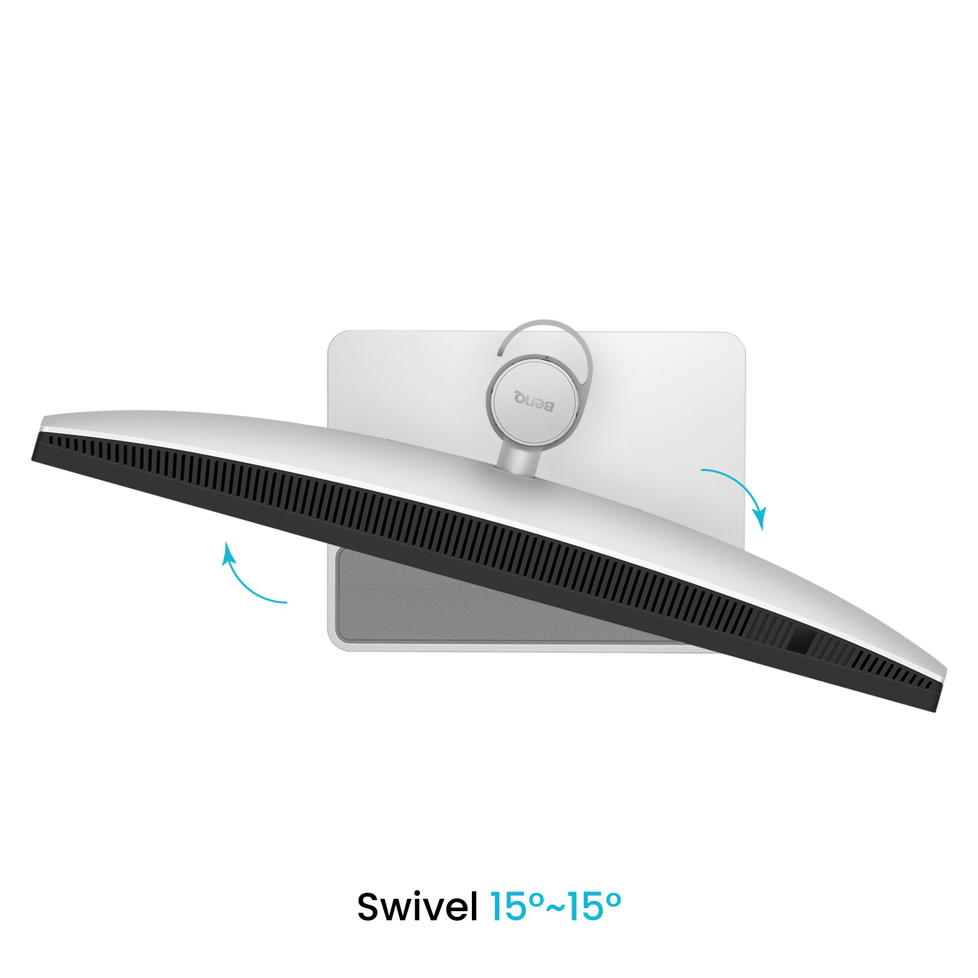 Monitor o nazwie BenQ widziany z góry, obracający się od 15 do 15 stopni.