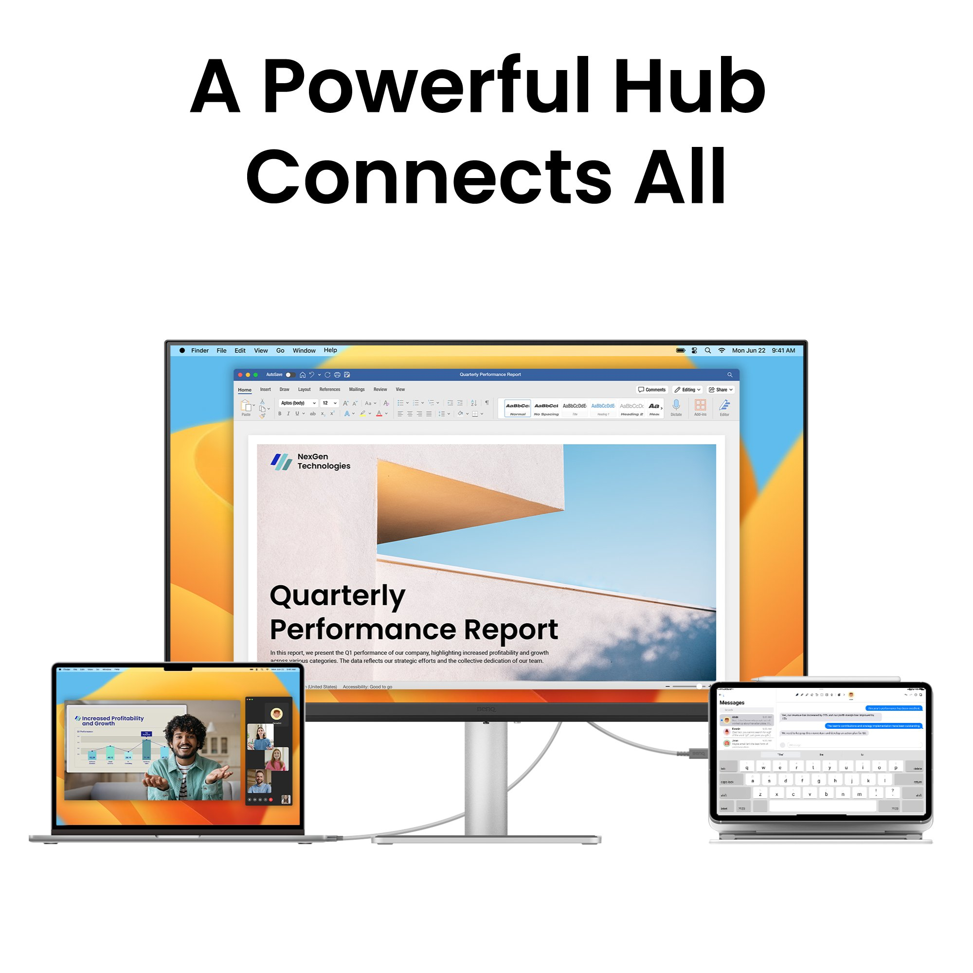 Trzy ekrany z interfejsami. Laptop, monitor i tablet.