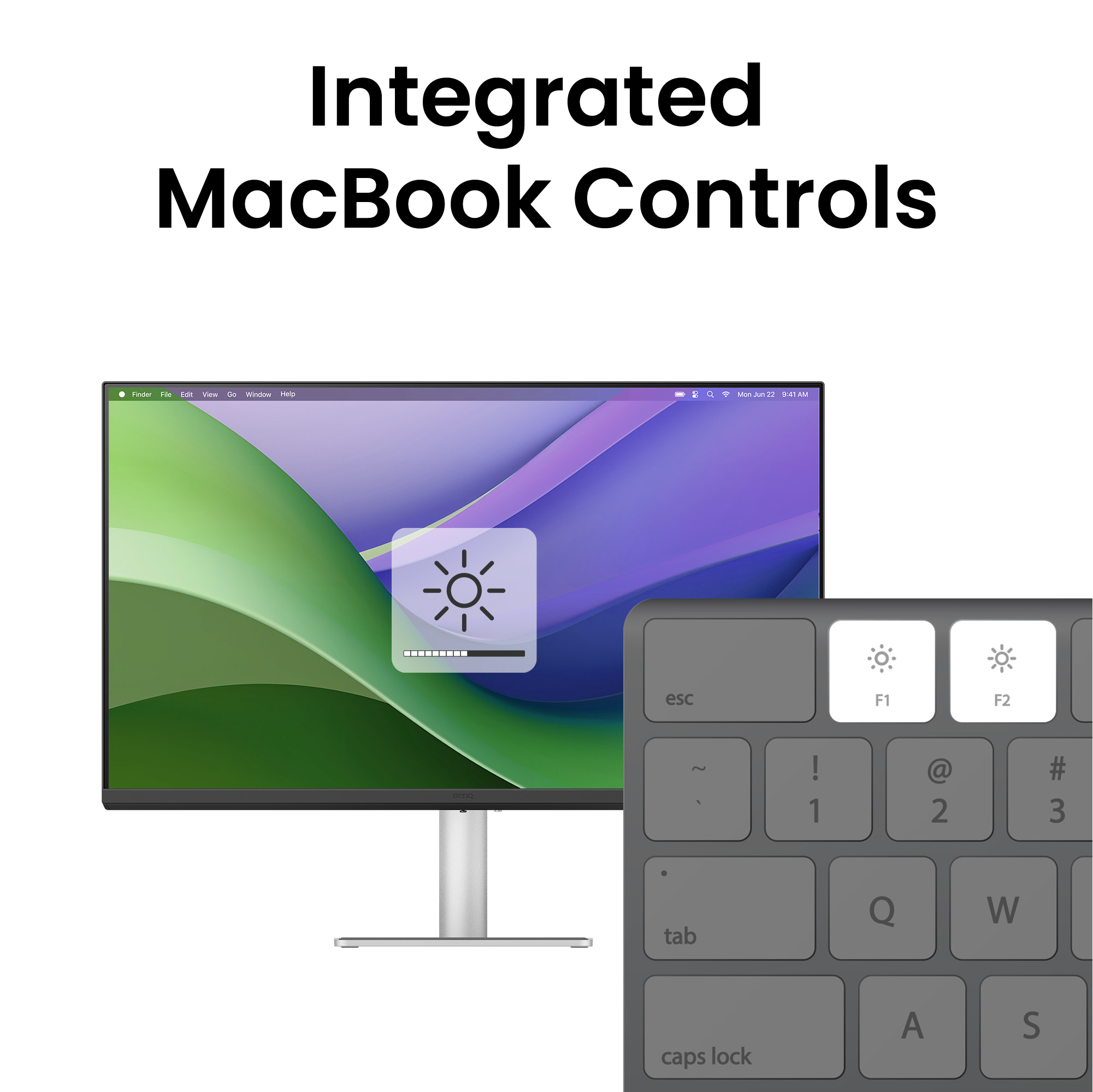 Monitor i klawiatura z napisem 'Zintegrowane elementy sterowania MacBook'.