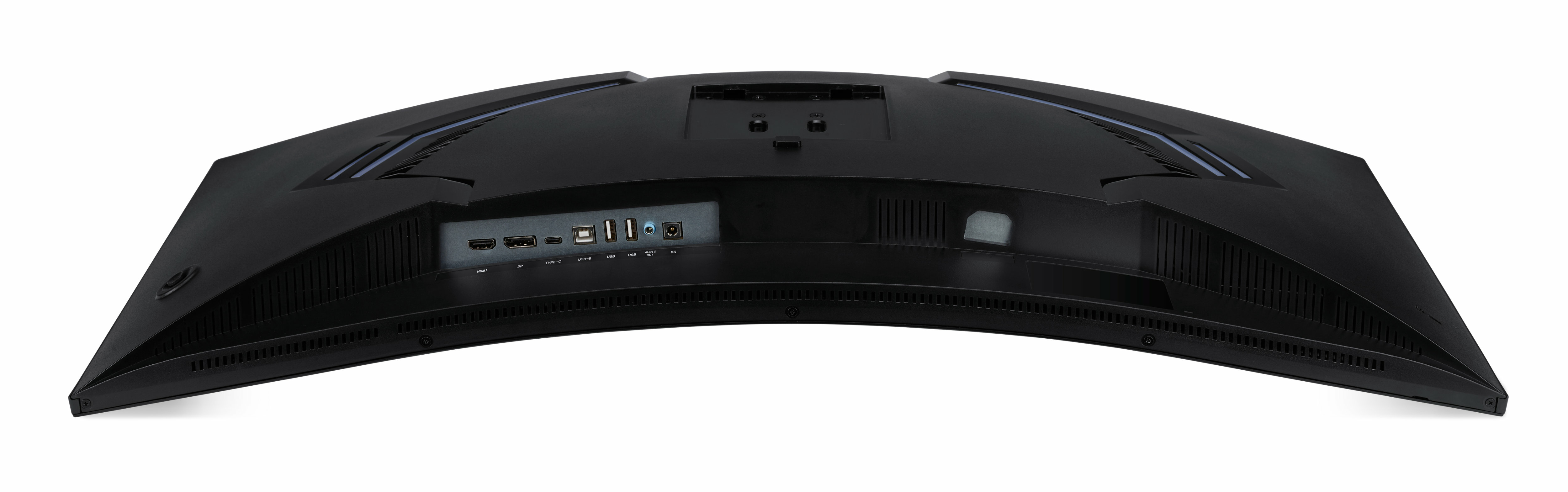 Tył czarnego zakrzywionego monitora, z portami, niebieskie akcenty, na białym.