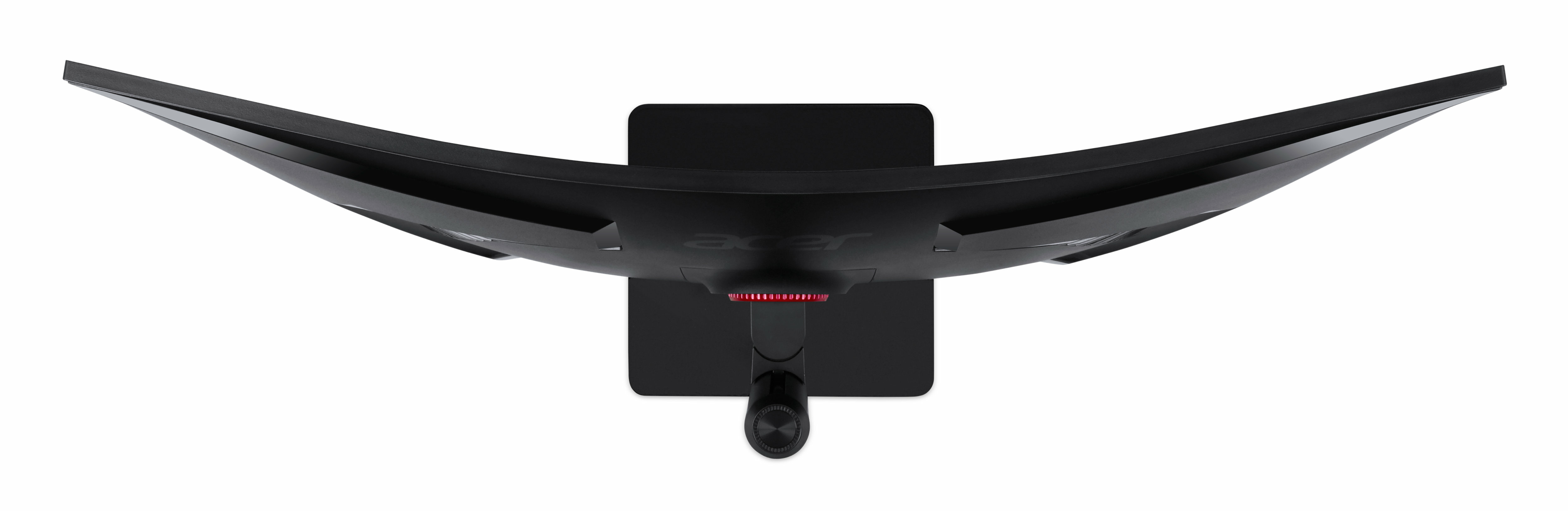 Widok z góry na czarny, zakrzywiony monitor komputera. Ma czarną podstawę z czerwonym światłem. Logo Acer jest widoczne.