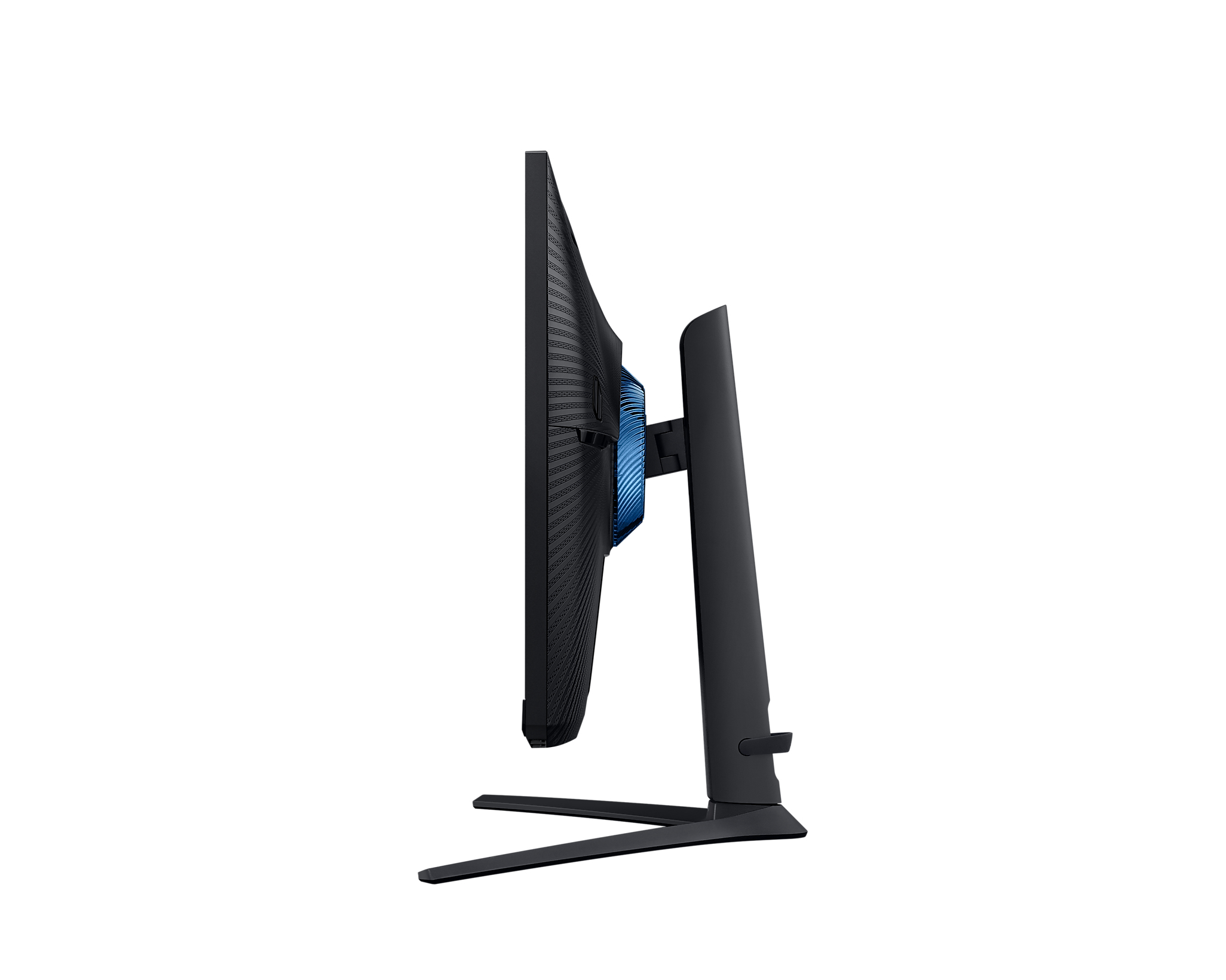 Widok z boku czarnego monitora z zakrzywionym ekranem na białym tle.