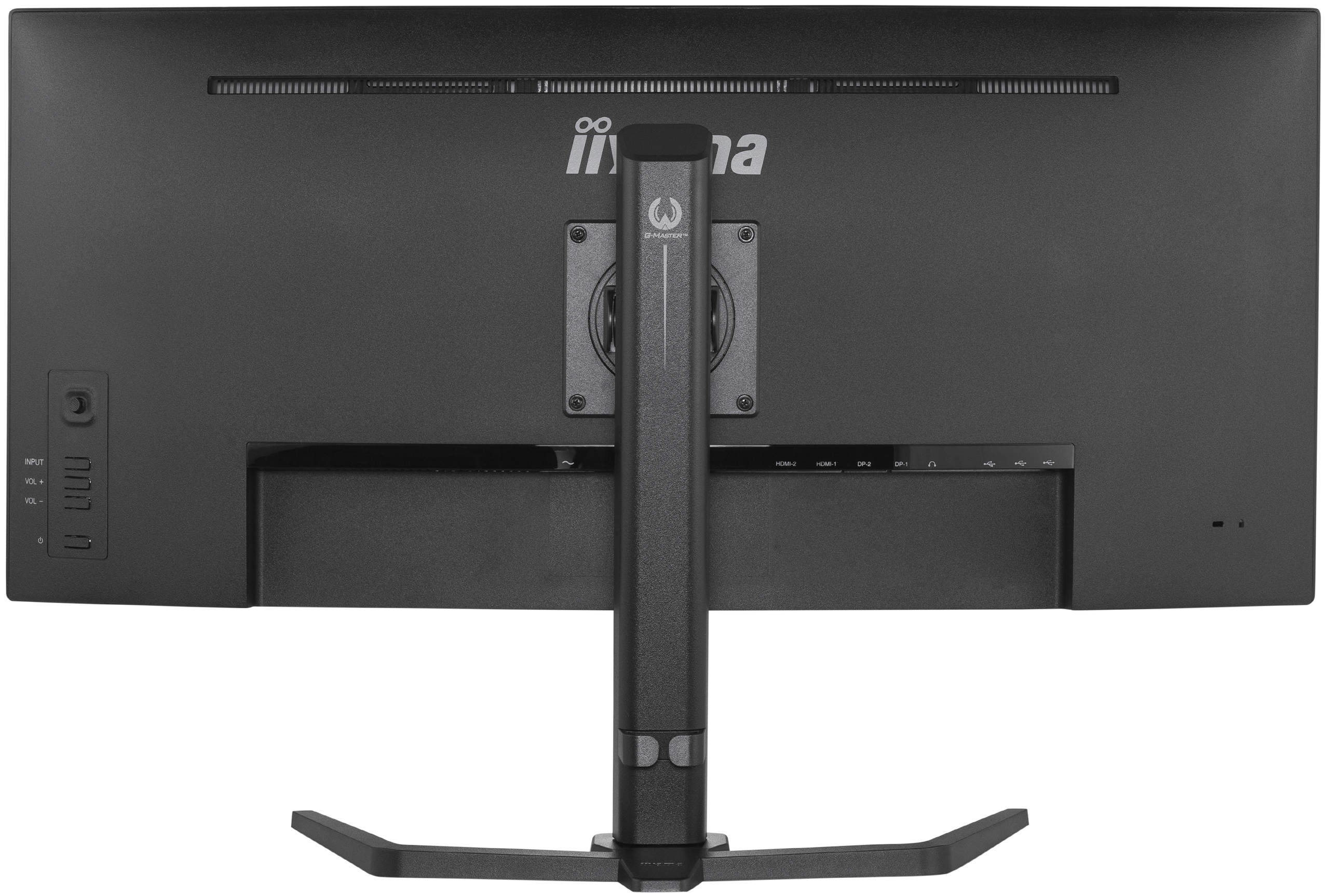 Zwarte computer monitor achterkant. Poorten, ventilatie en verstelbare standaard.