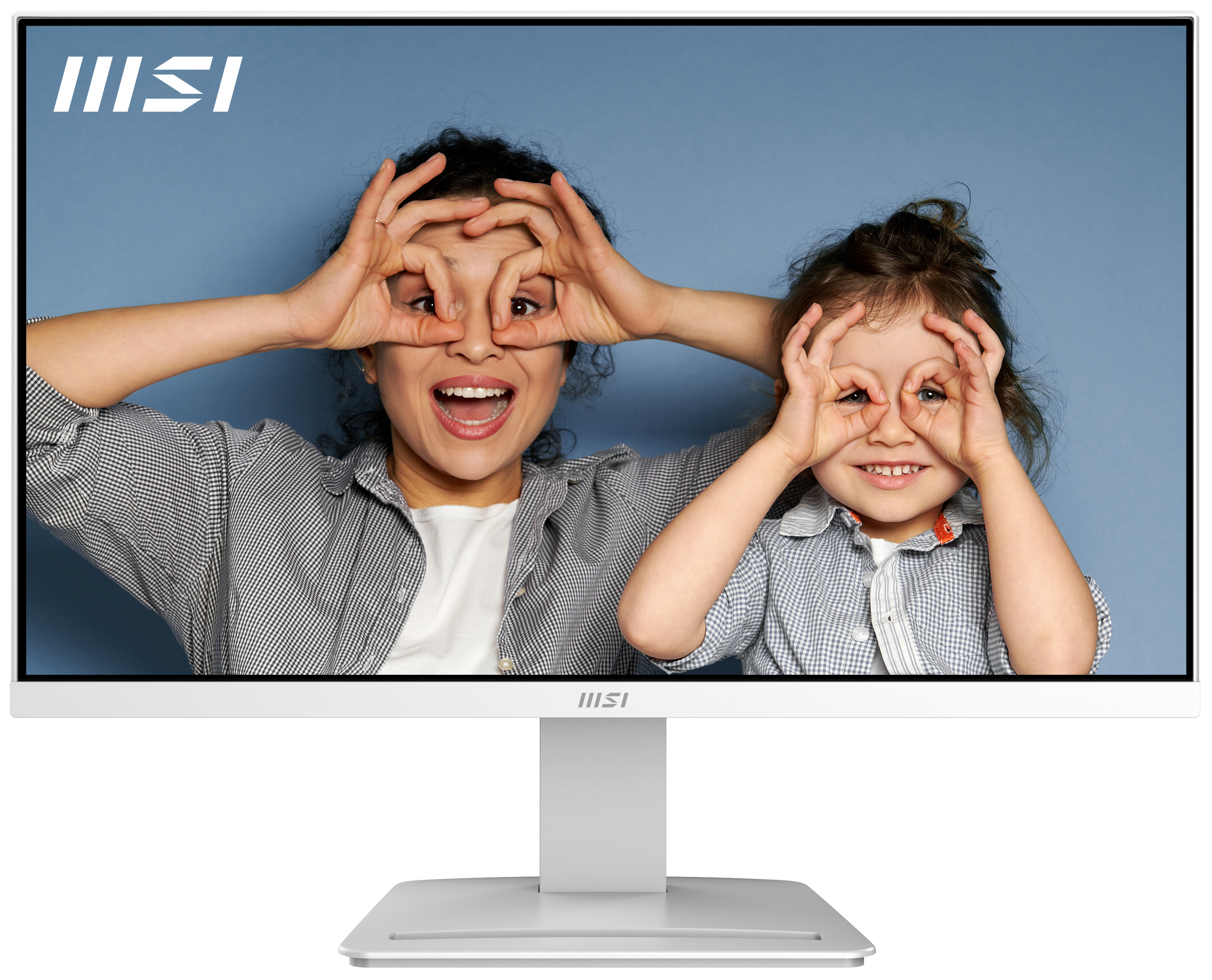 A monitor displaying a photo of a woman and a child making eye gestures.