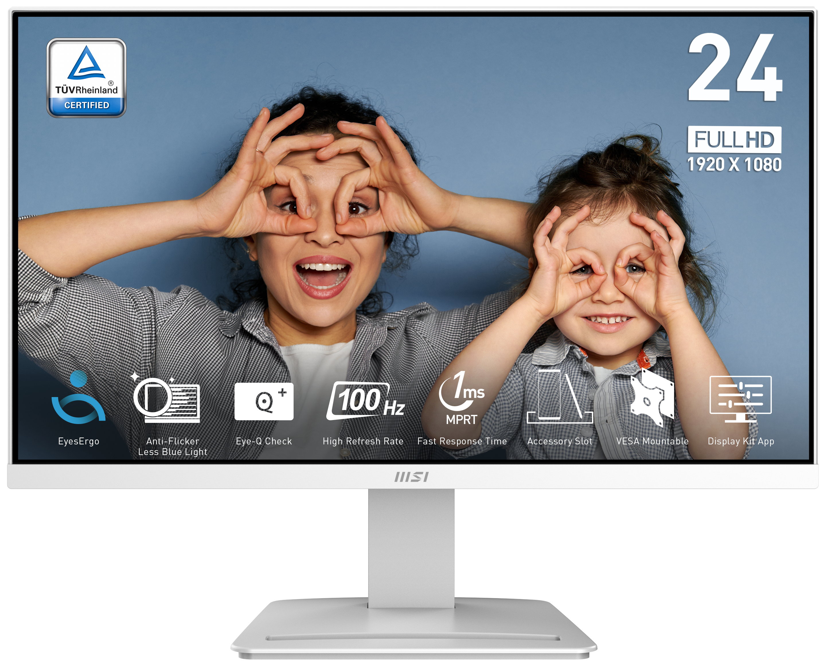 Computer monitor showing a woman and child. MSI logo. Text says 24 FULL HD 1920 x 1080.