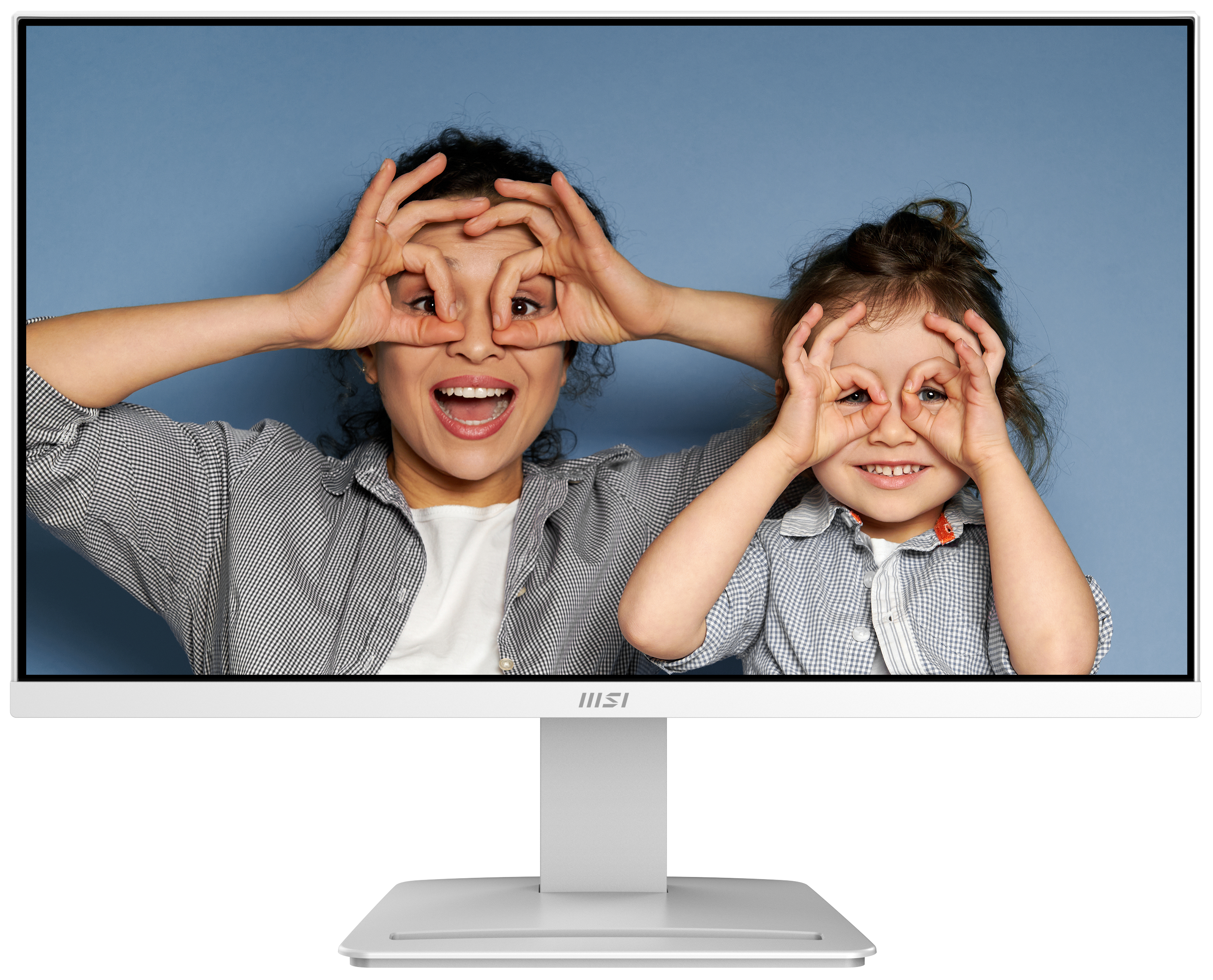 A mother and child making eye circles on a monitor. The monitor is white.
