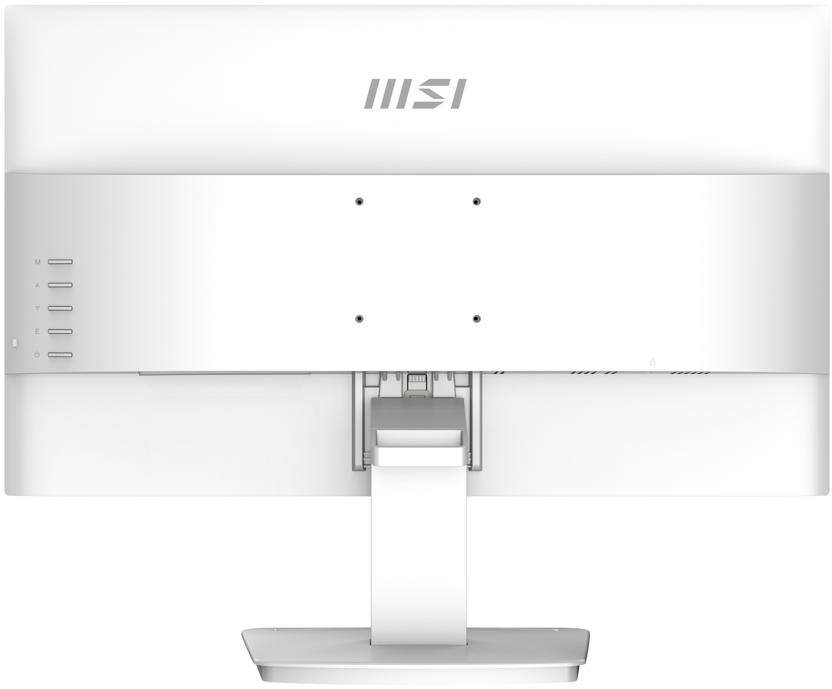 Back of a white monitor with the MSI logo. Buttons, and a stand are visible.