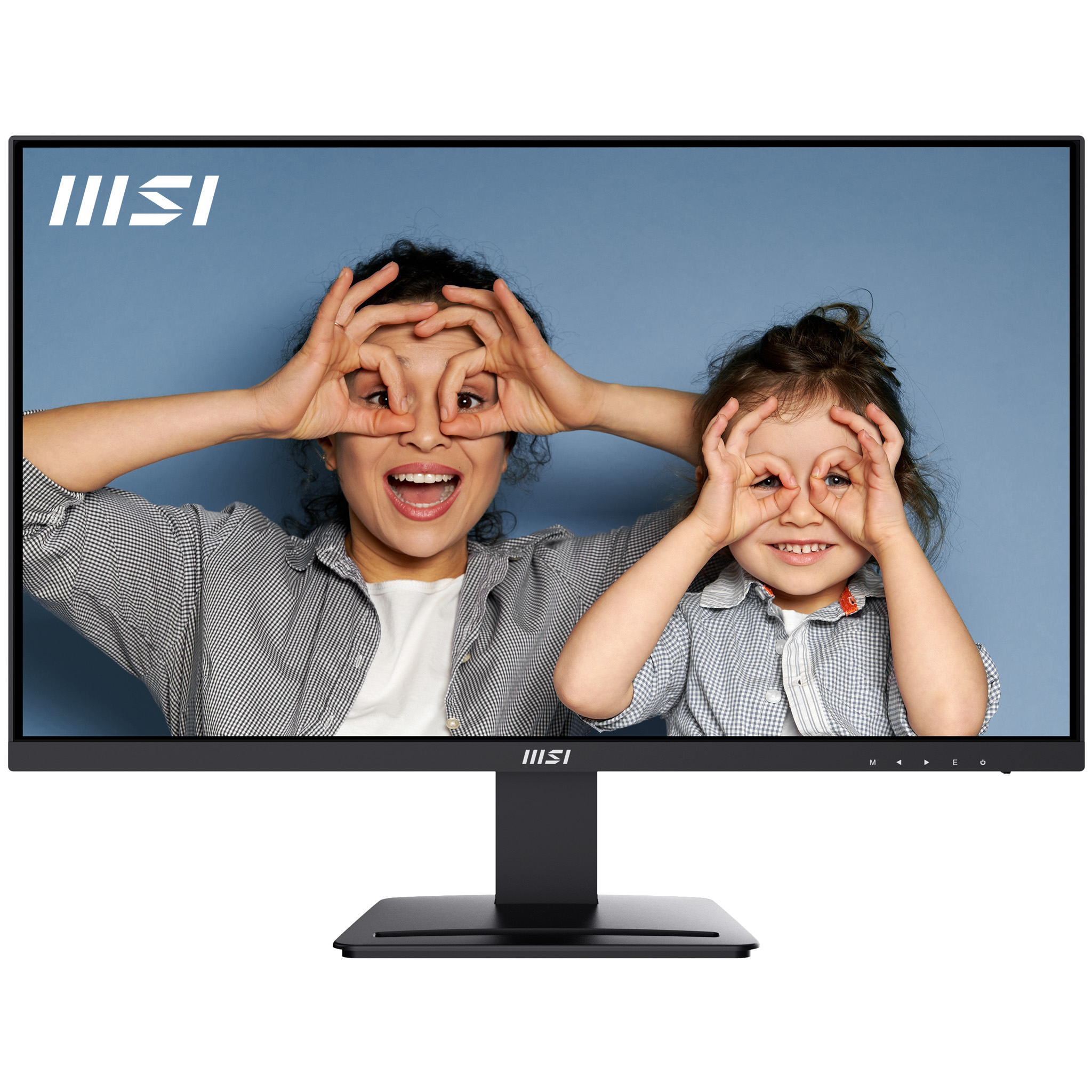 Moniteur MSI affichant une femme et un enfant faisant des gestes avec les yeux. Le moniteur a un cadre noir.