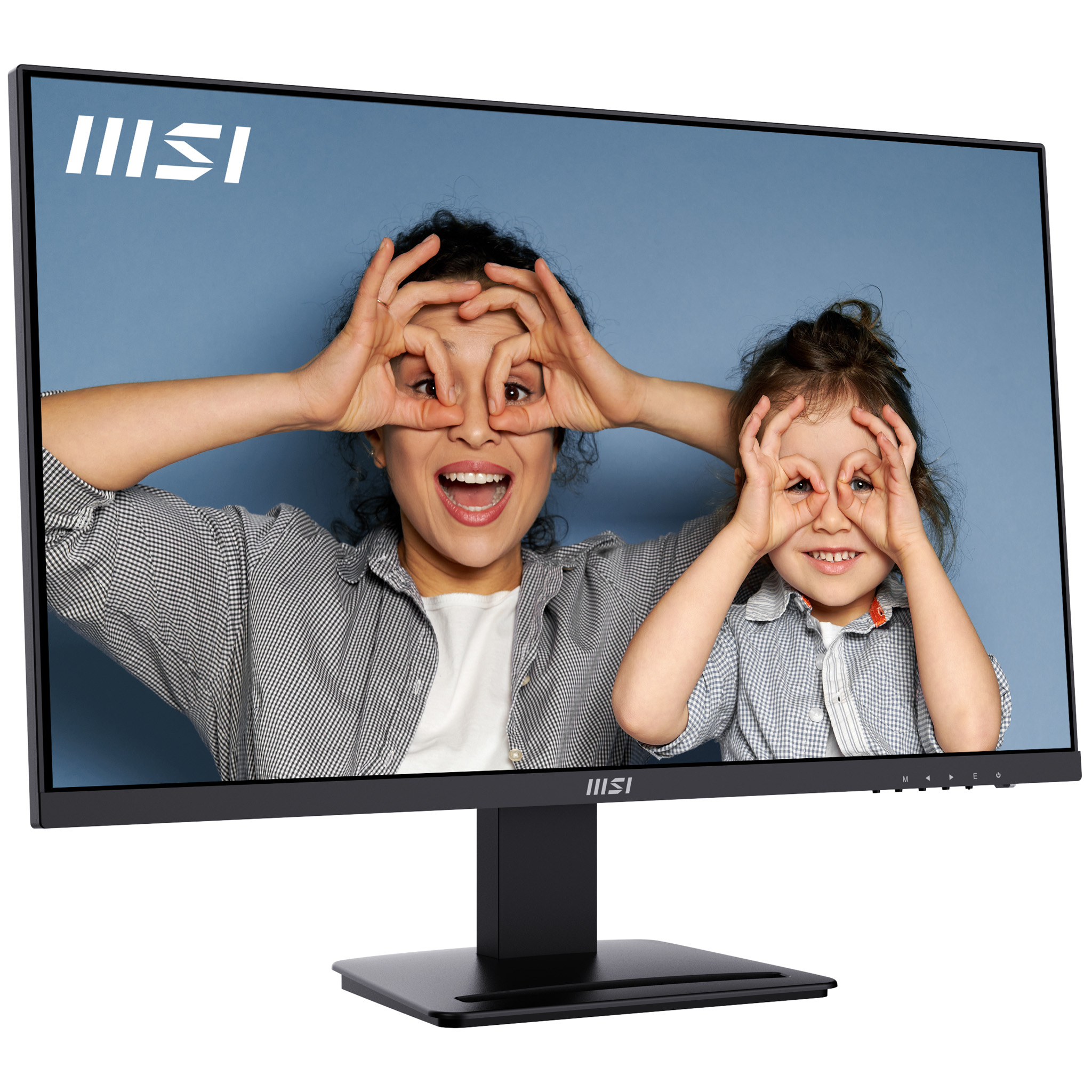 Moniteur MSI, mère et enfant font des gestes avec les yeux, fond bleu.