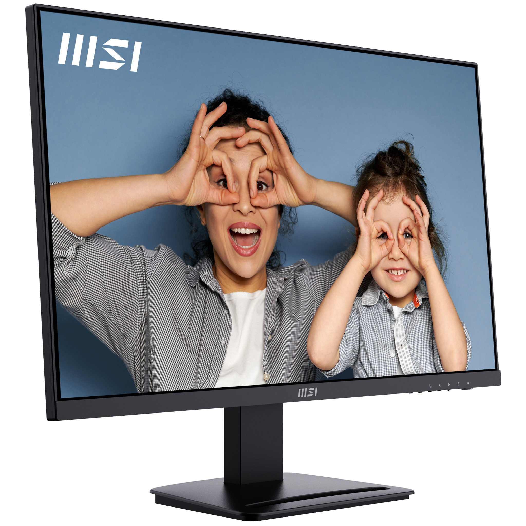 Moniteur MSI affichant une femme et un enfant faisant des cercles avec leurs doigts.