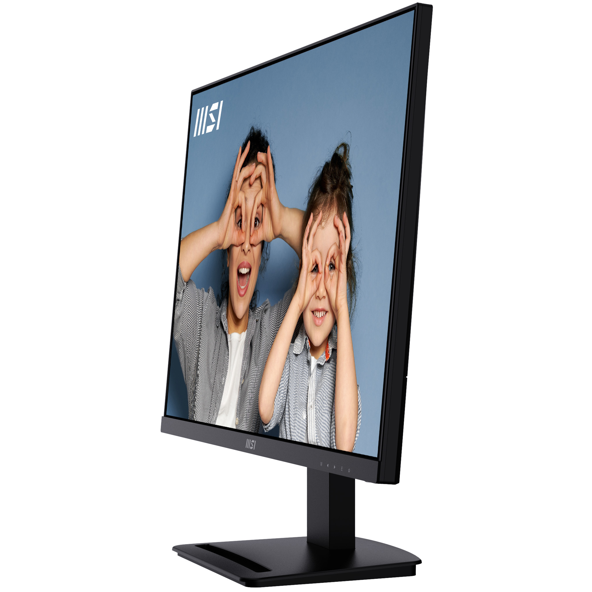 Moniteur noir affichant une femme et un enfant avec un fond bleu sur un support.