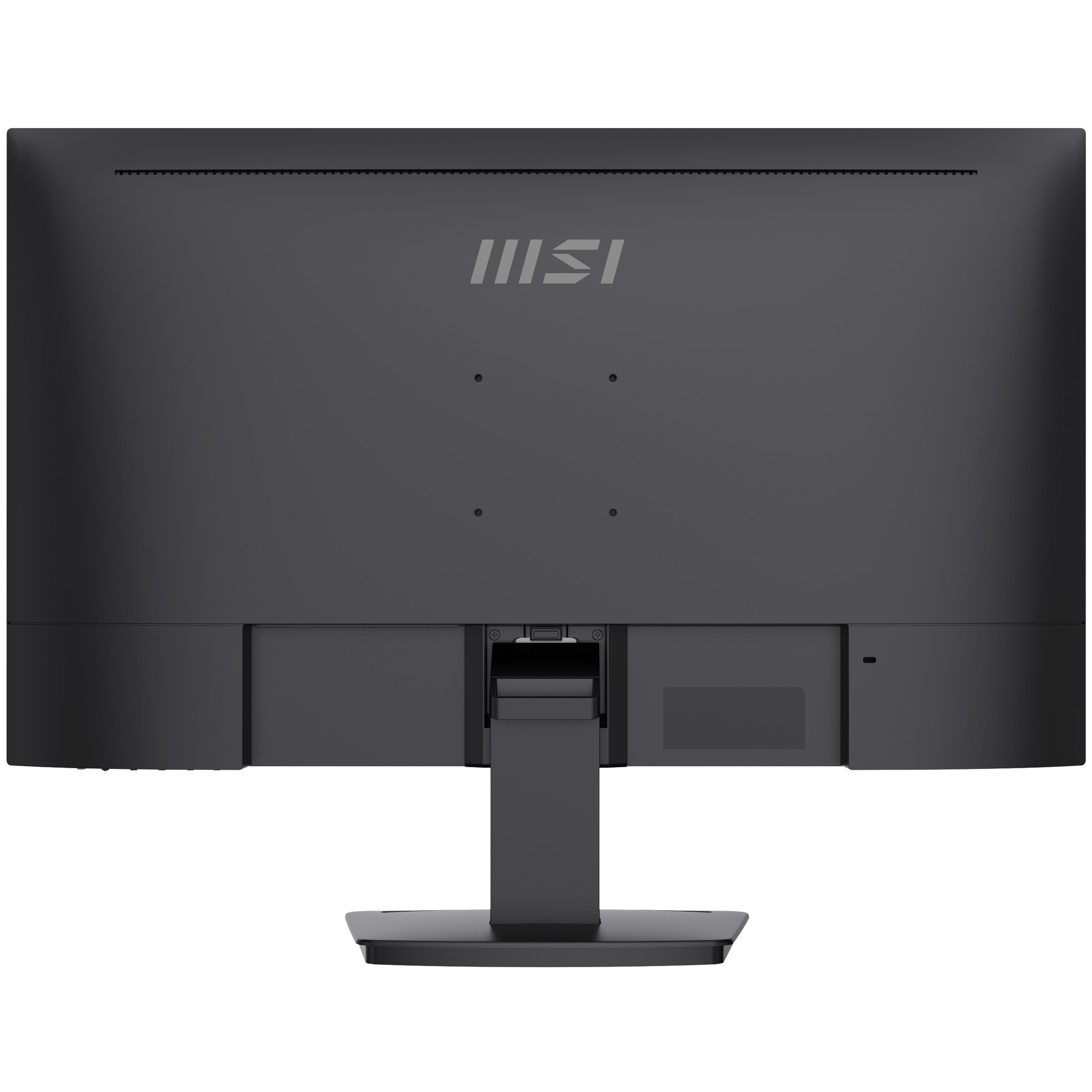 Arrière d'un moniteur MSI noir avec un design sombre et le logo MSI en haut.