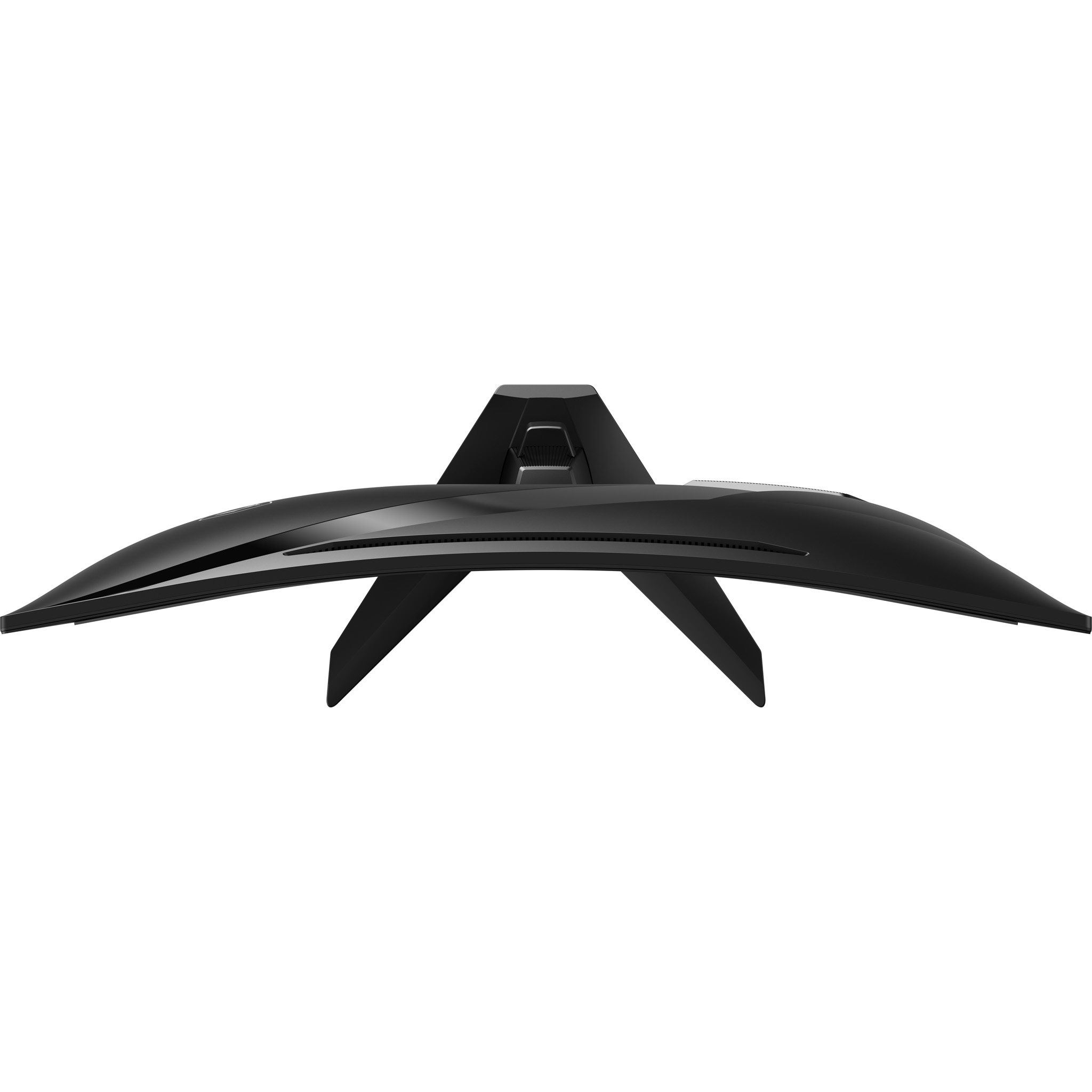 Black curved monitor, top view, with a stand. The screen is off.