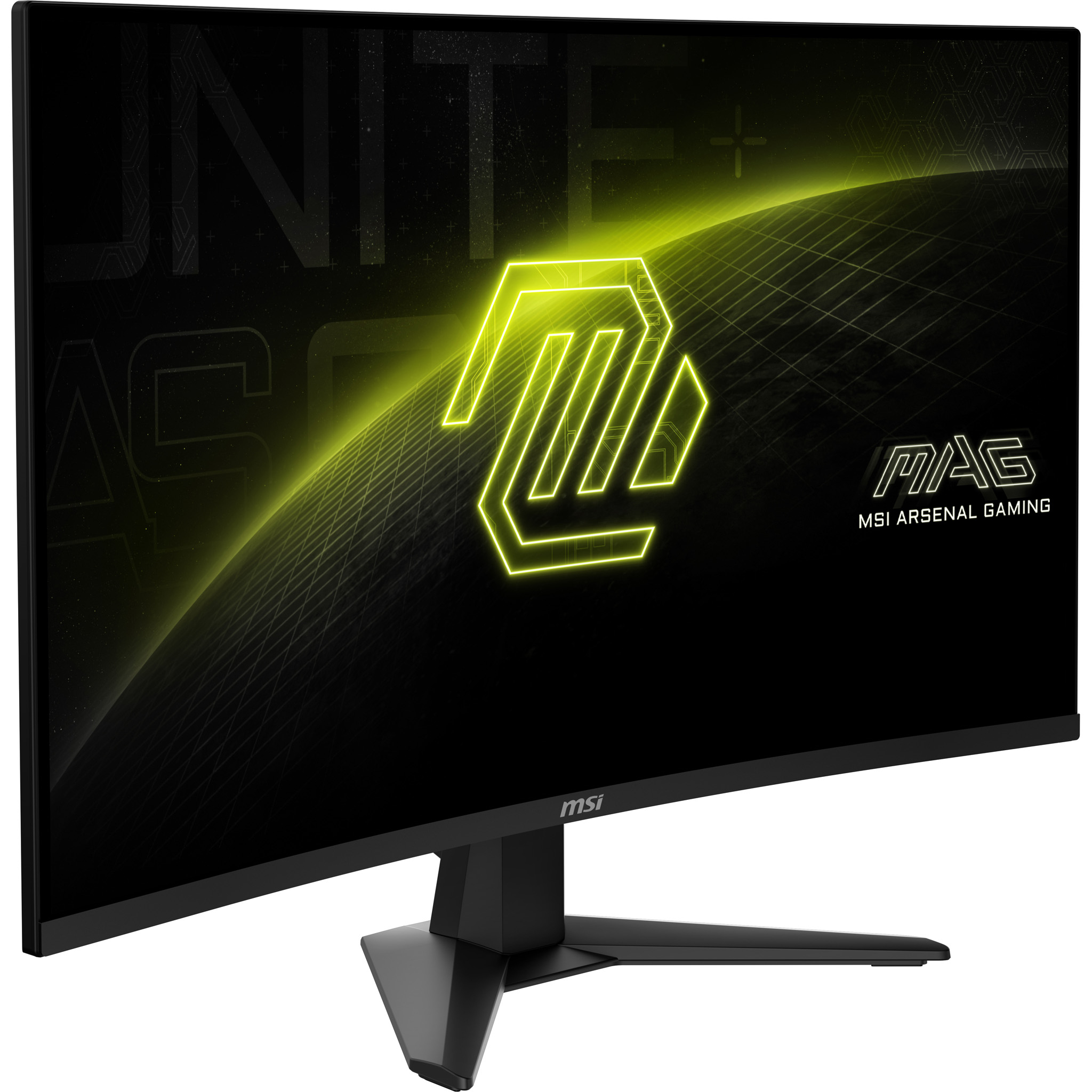 A curved monitor with a black frame. It displays a yellow logo on a black background.