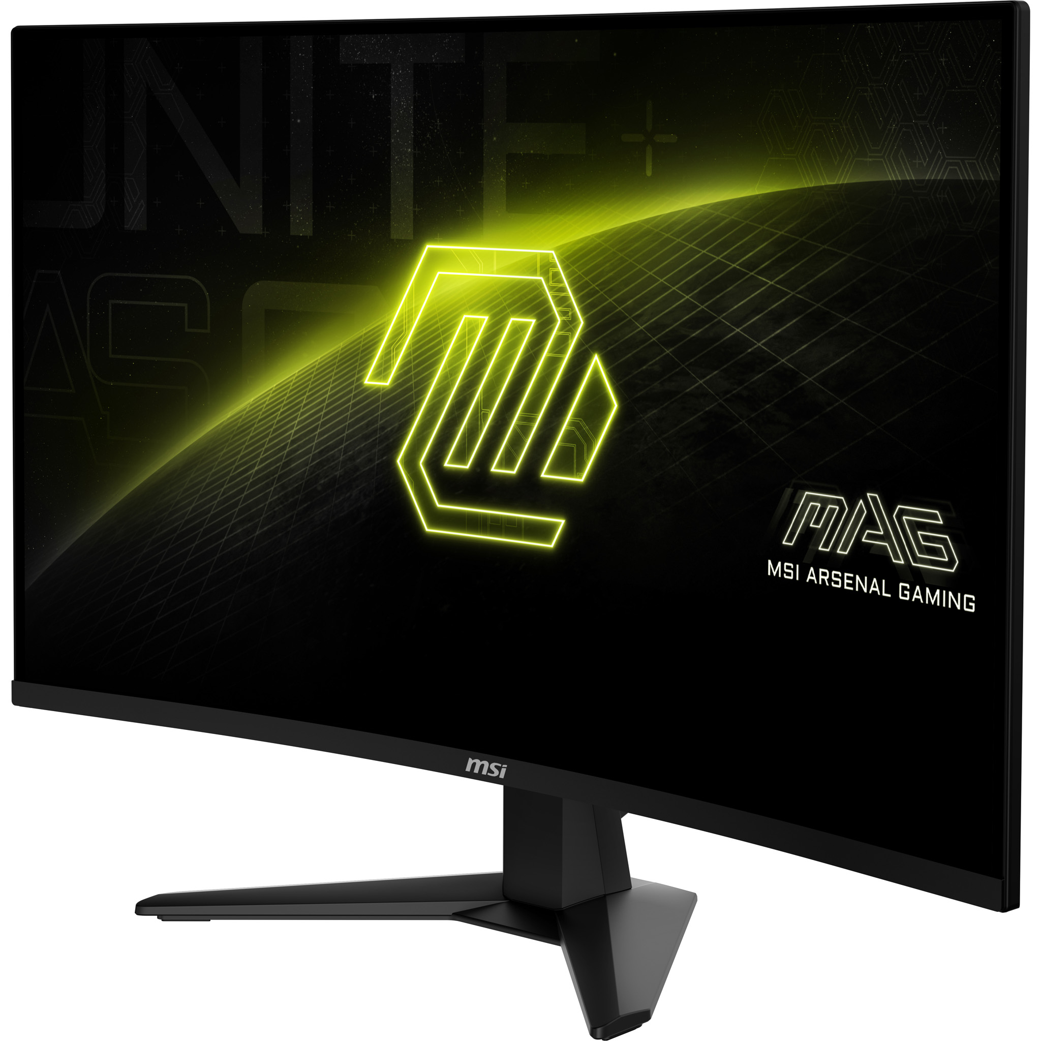 MSI gaming monitor with a curved screen and a logo with yellow and green colors.