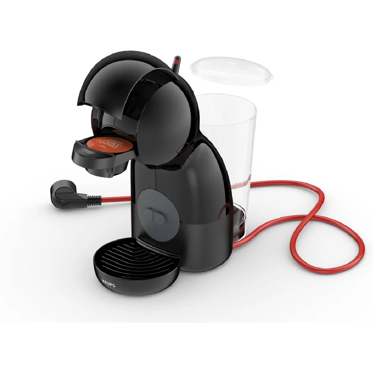 Macchina da caffè nera con cialda arancione e contenitore dell'acqua trasparente.