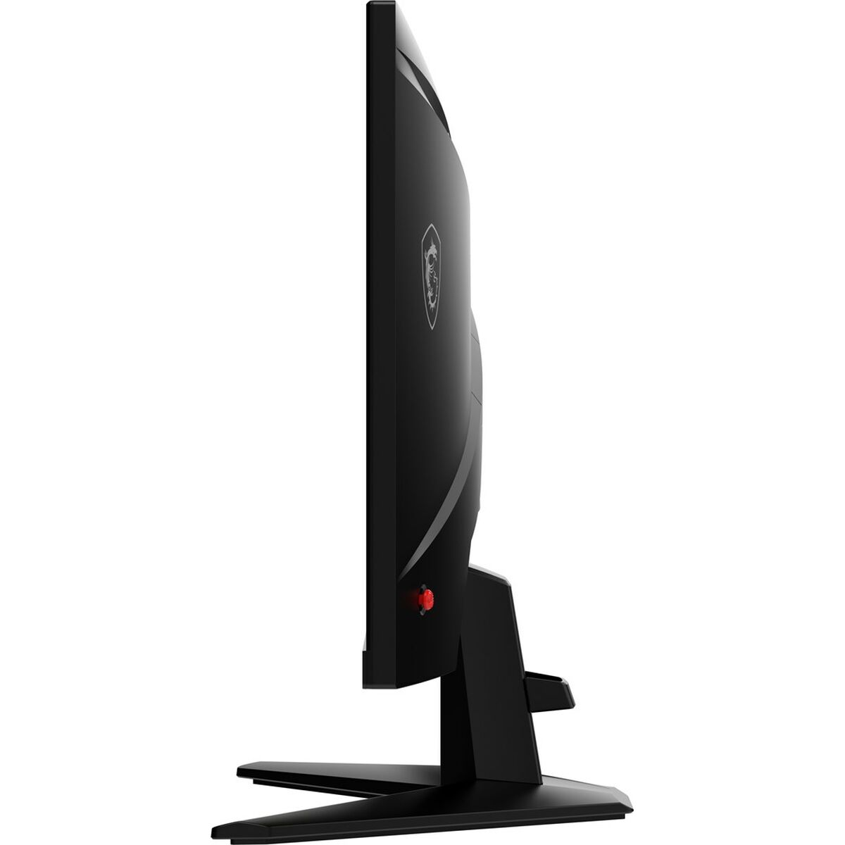 Seitenansicht eines schwarzen MSI-Monitors mit rotem Knopf und Ständer.