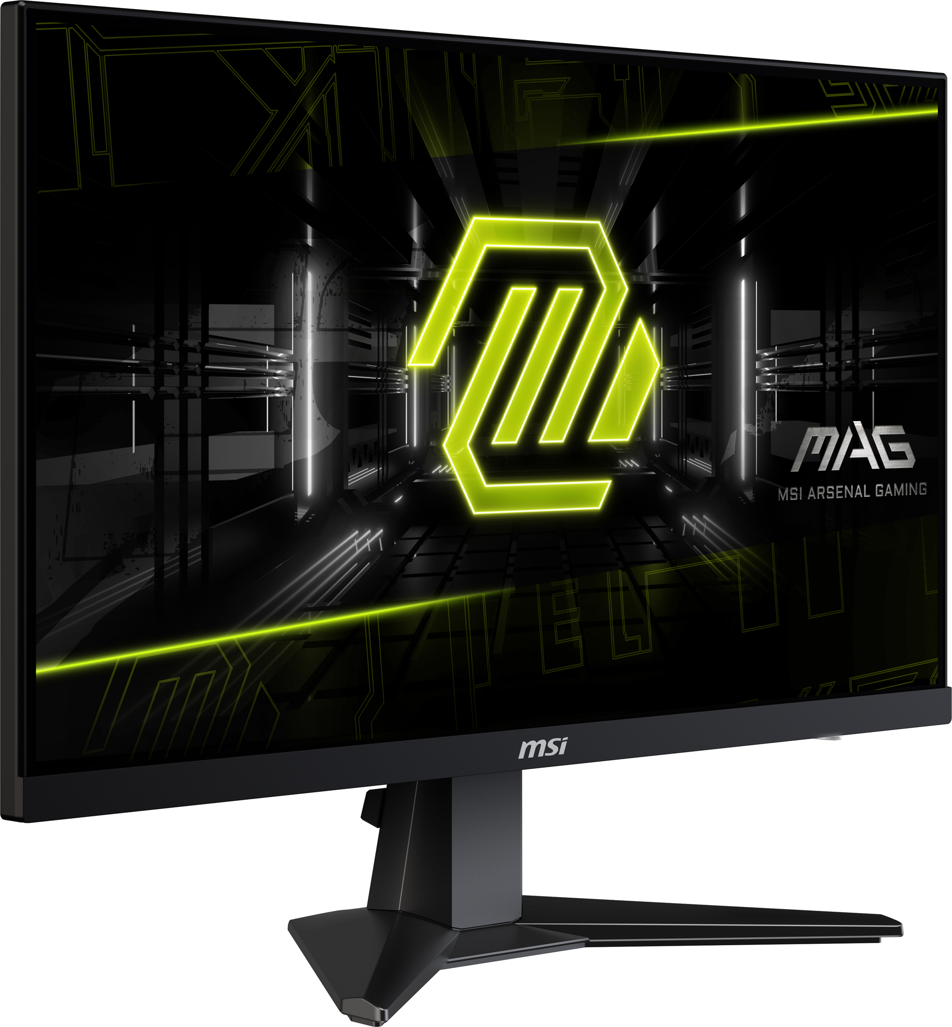 MSI Gaming-Monitor, schwarz mit grünem Logo auf dem Bildschirm, Winkelansicht.