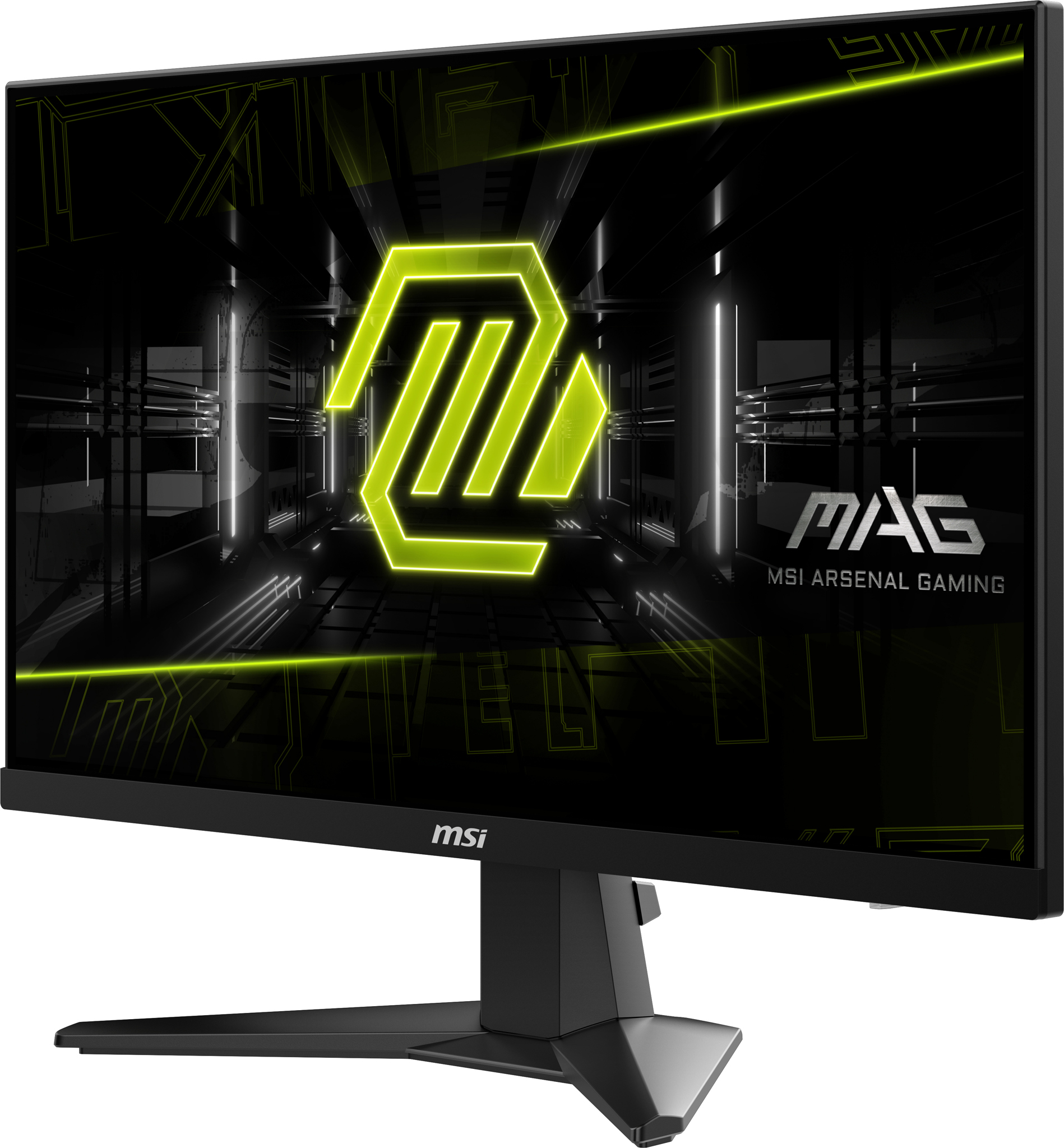MSI Gaming-Monitor mit grünem Logo und Spielszene. Schwarzer Rahmen, Ständer und Hintergrund.