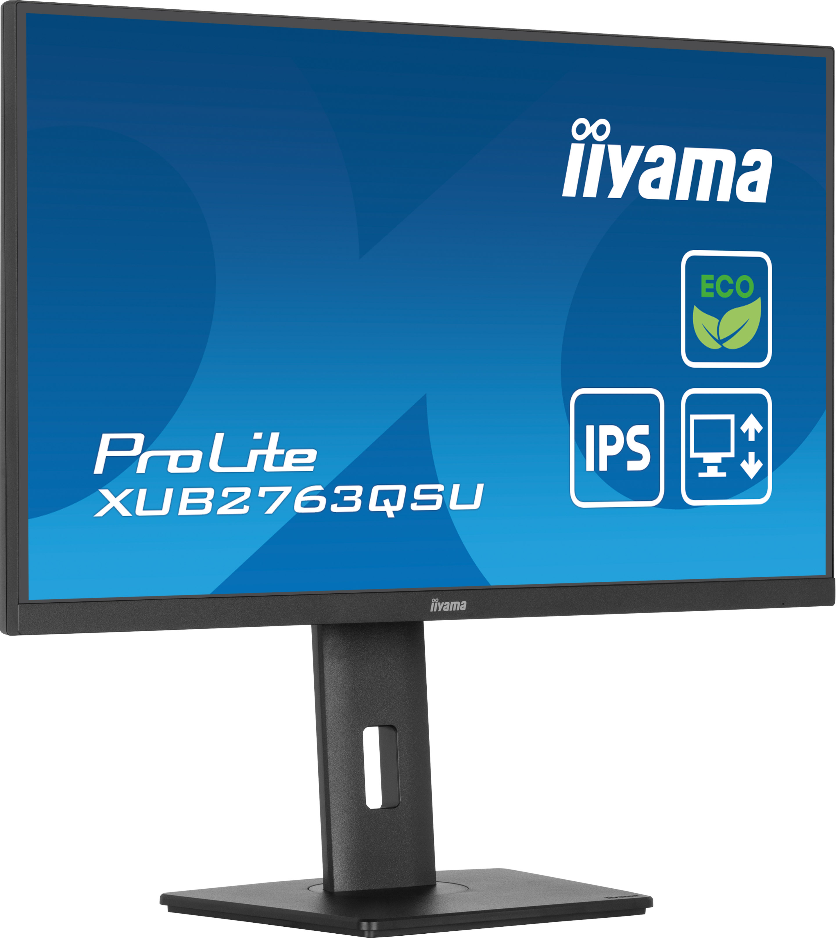 Monitor Iiyama ProLite. Czarna ramka, niebieskie tło z ikonami.