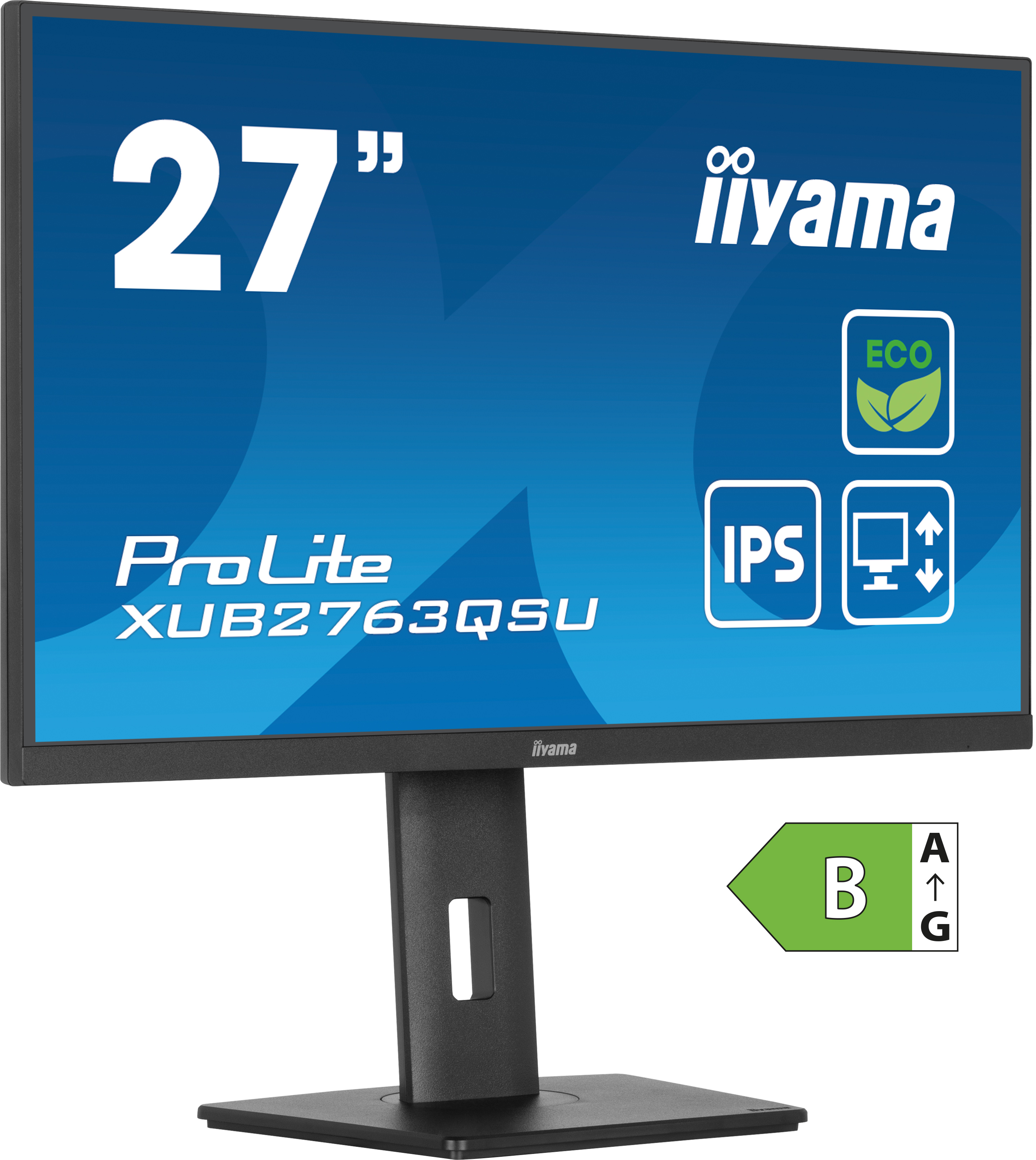 Monitor iiyama 27", białe tło, z symbolami efektywności energetycznej.