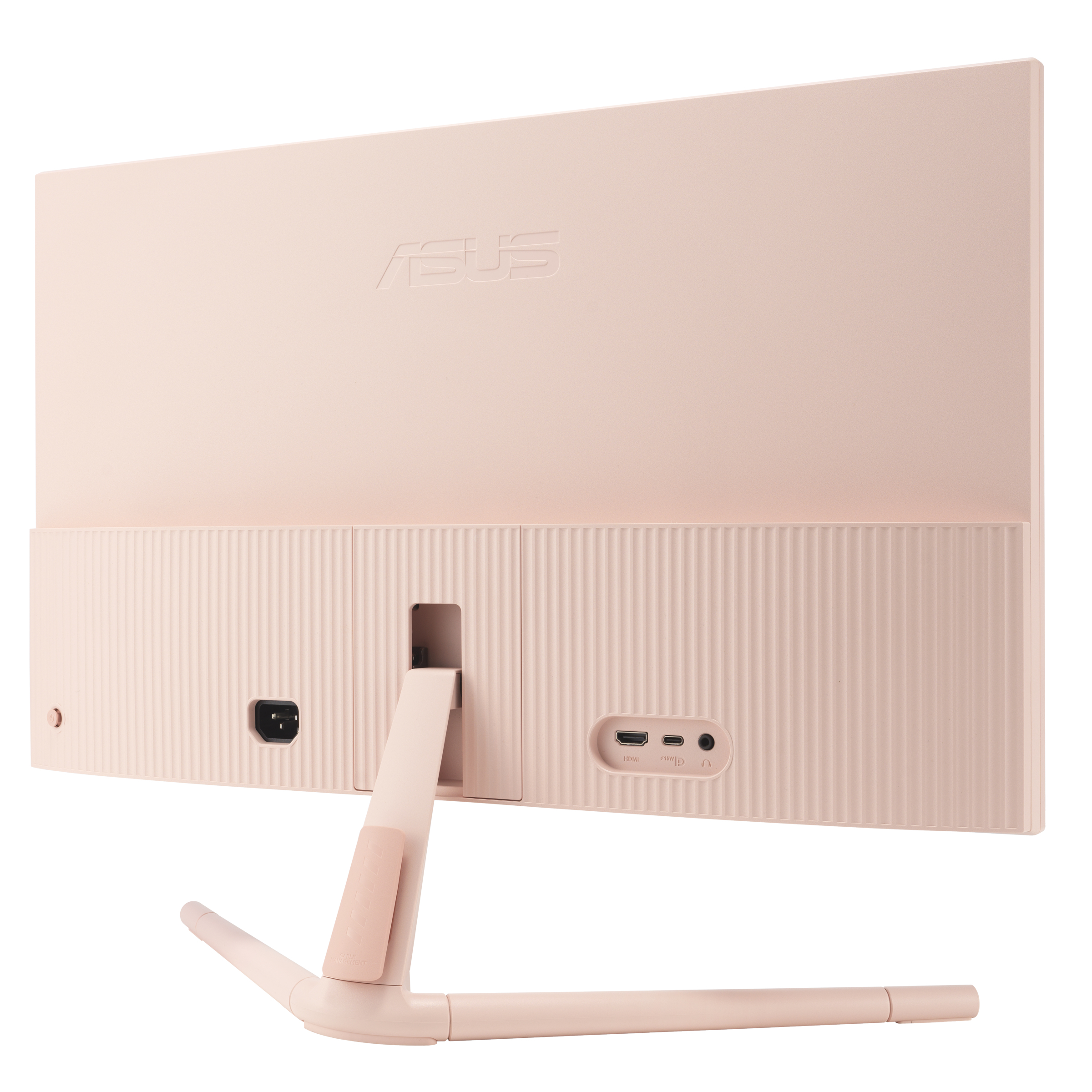 Rückseite des rosa ASUS-Monitors, Anschlüsse und Ständer im Fokus.