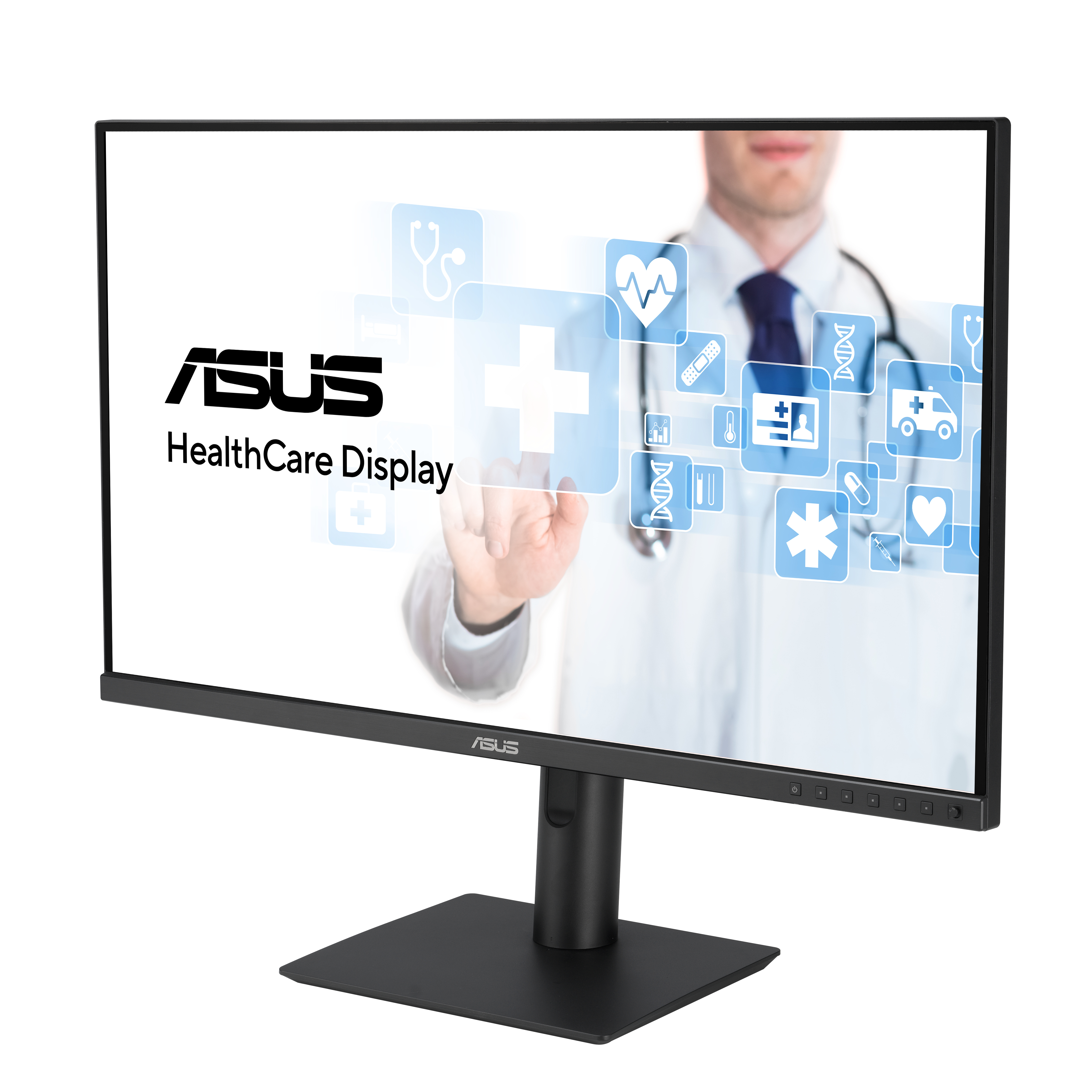 Monitor ASUS HealthCare Display z symbolami opieki zdrowotnej na ekranie.