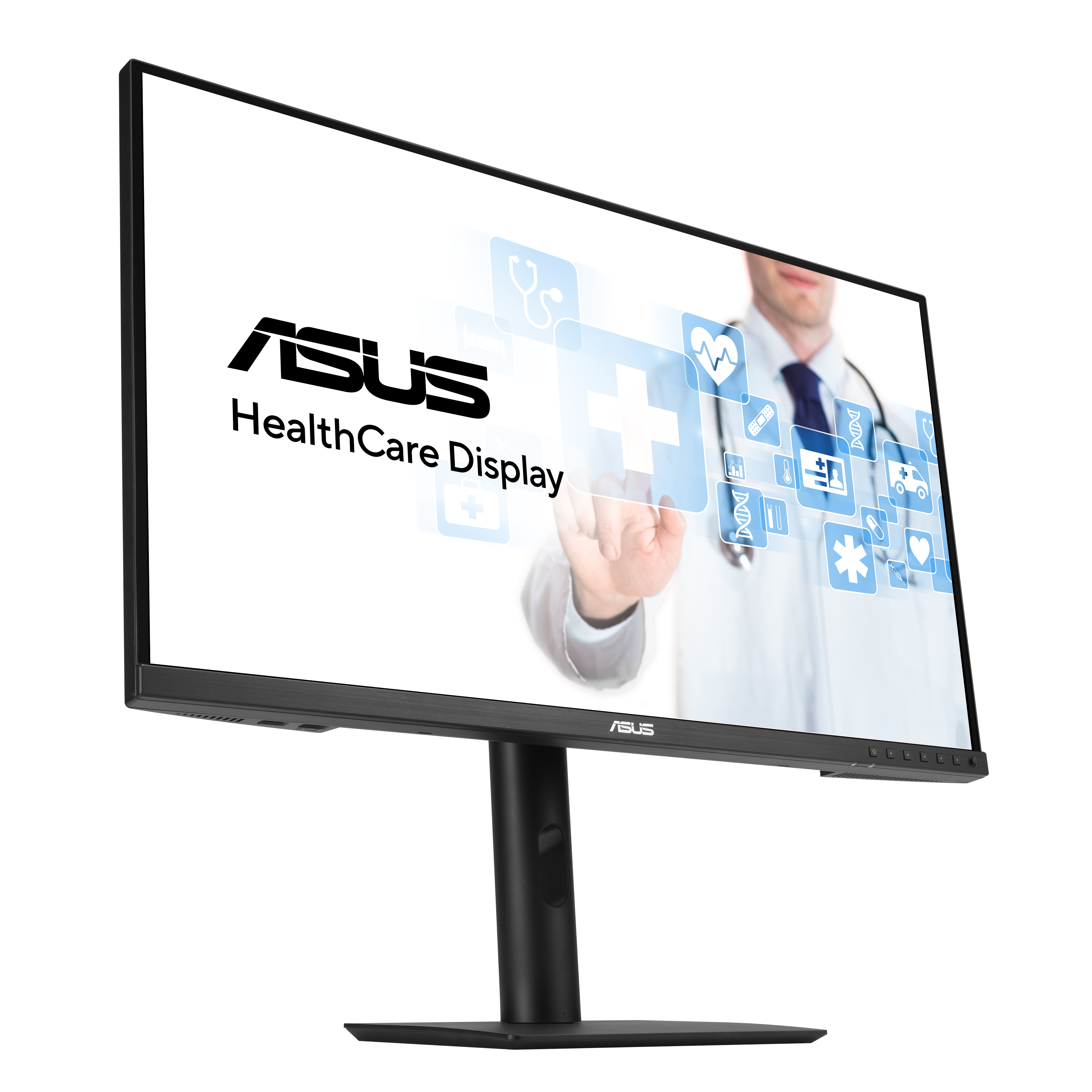 Wyświetlacz ASUS Healthcare. Lekarz wskazuje na ikony zdrowotne na ekranie.