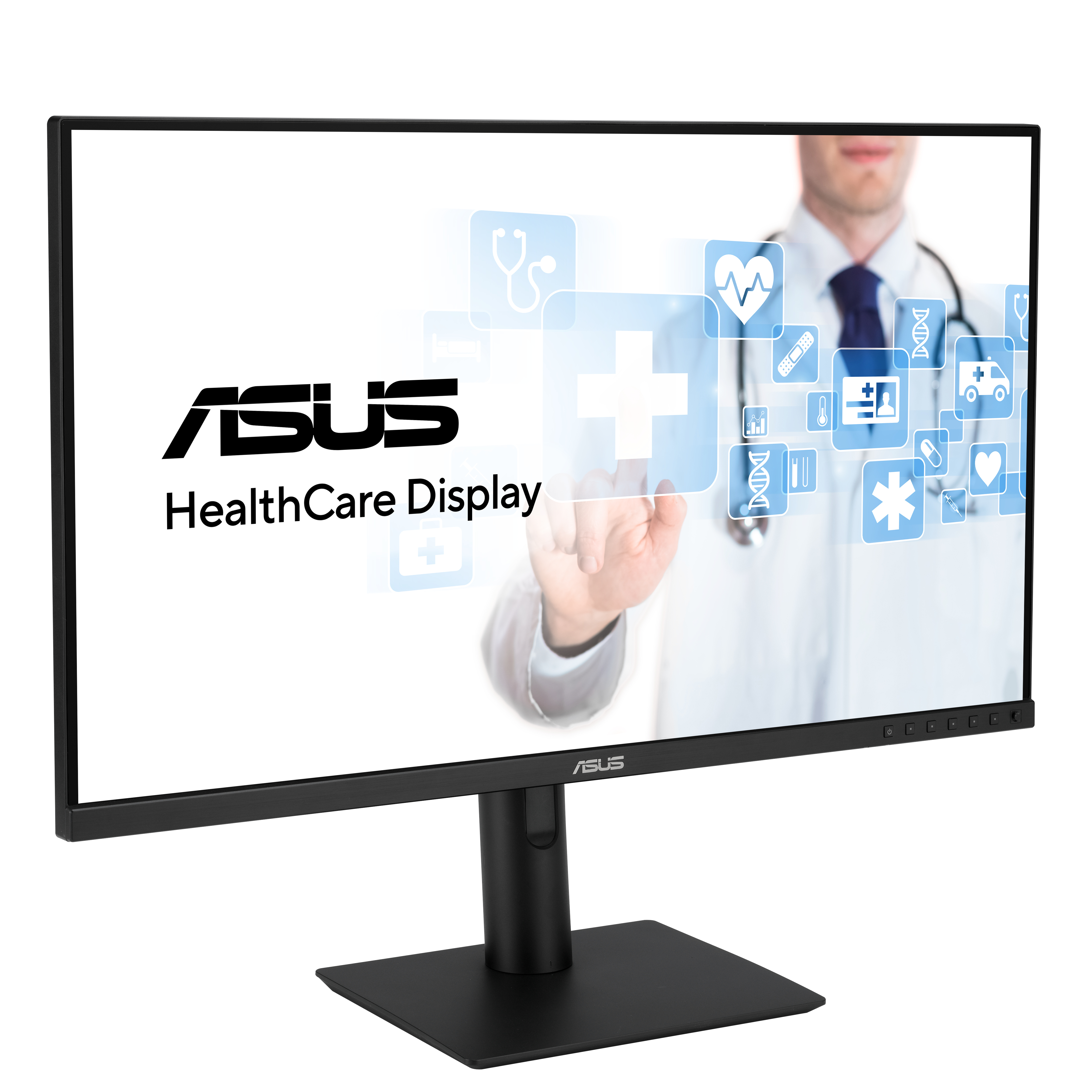 Monitor ASUS HealthCare Display. Lekarz dotyka ekranu z ikonami medycznymi.