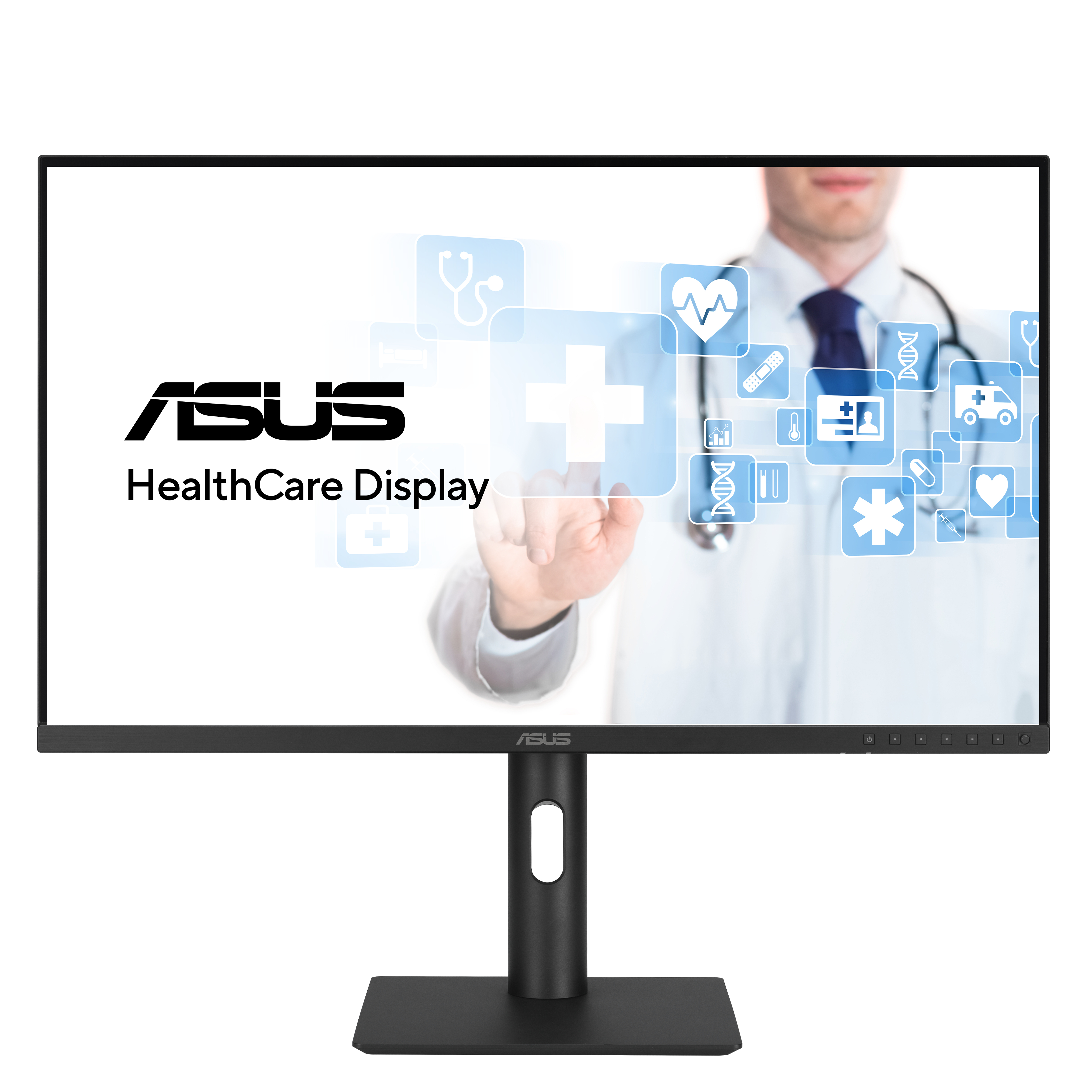 Monitor ASUS HealthCare Display z lekarzem i ikonami medycznymi na ekranie.