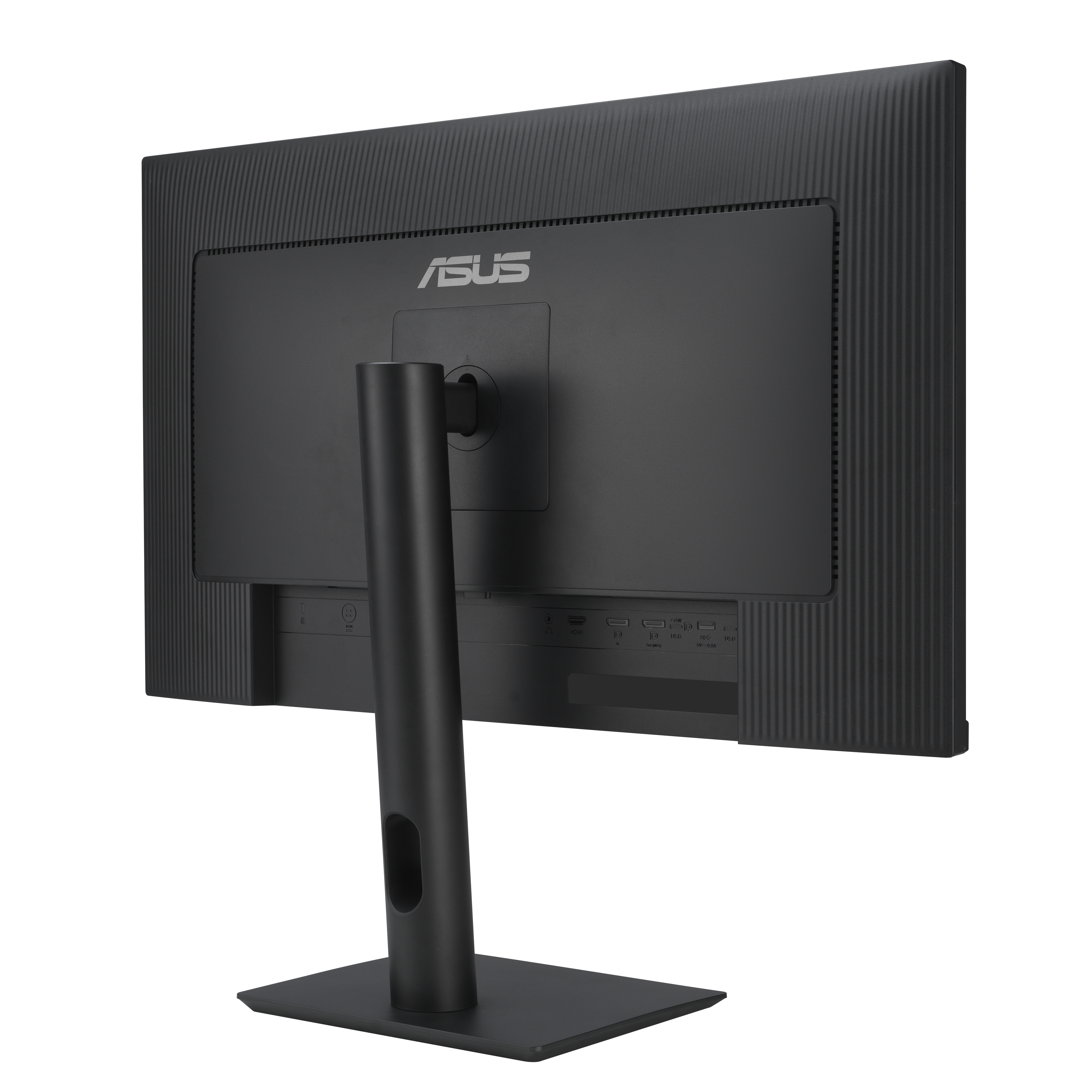 Tył czarnego monitora z podstawą. Marka to ASUS.
