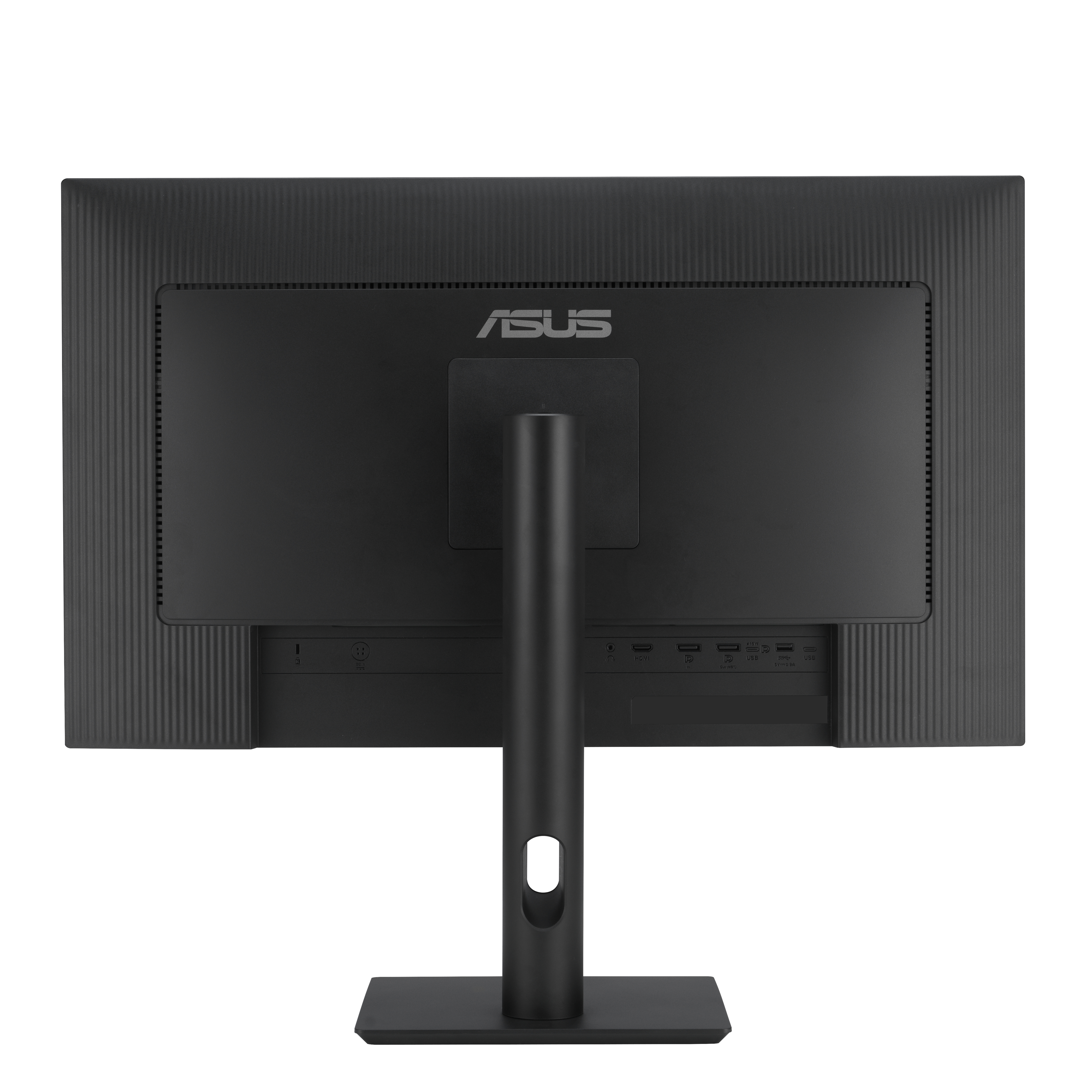 Tył czarnego monitora ASUS z portami, podstawą i logo ASUS. Białe tło.