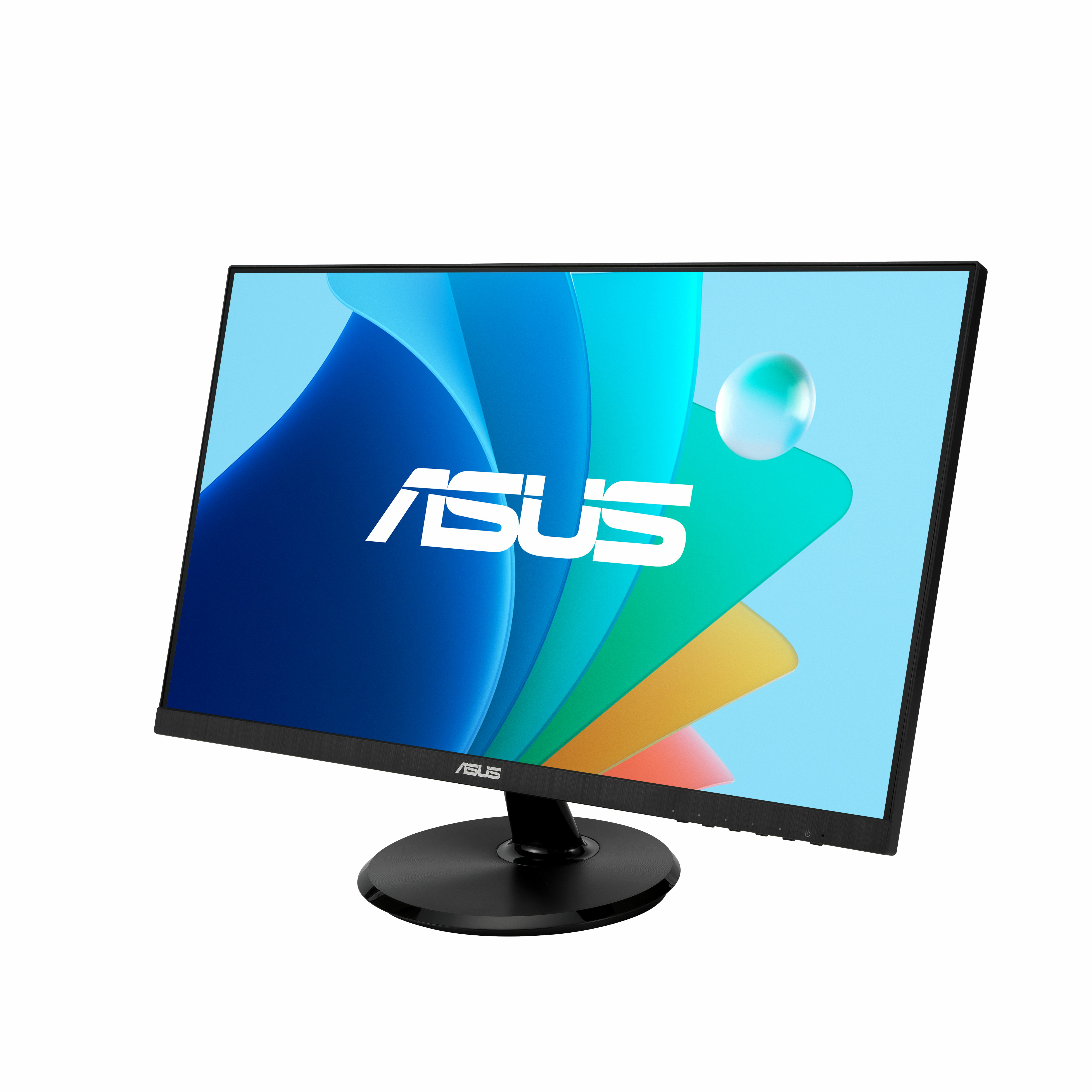 ASUS monitör. Siyah çerçeve, kavisli taban, ekran ASUS logosu ile soyut mavi ve yeşil tasarım gösteriyor.