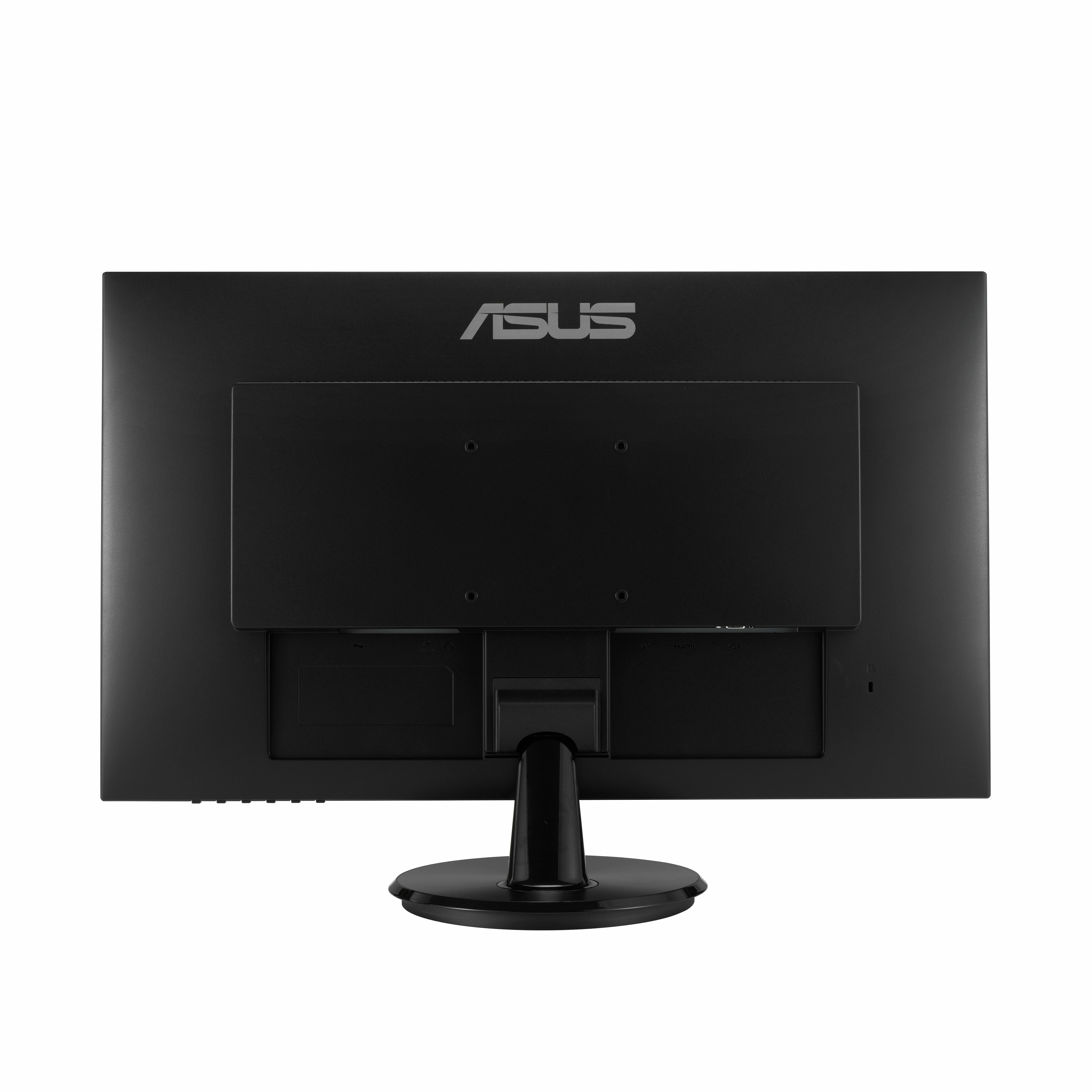 Siyah bir ASUS monitörün arkası, siyah bir stand, bağlantı noktaları ve marka adı ile.