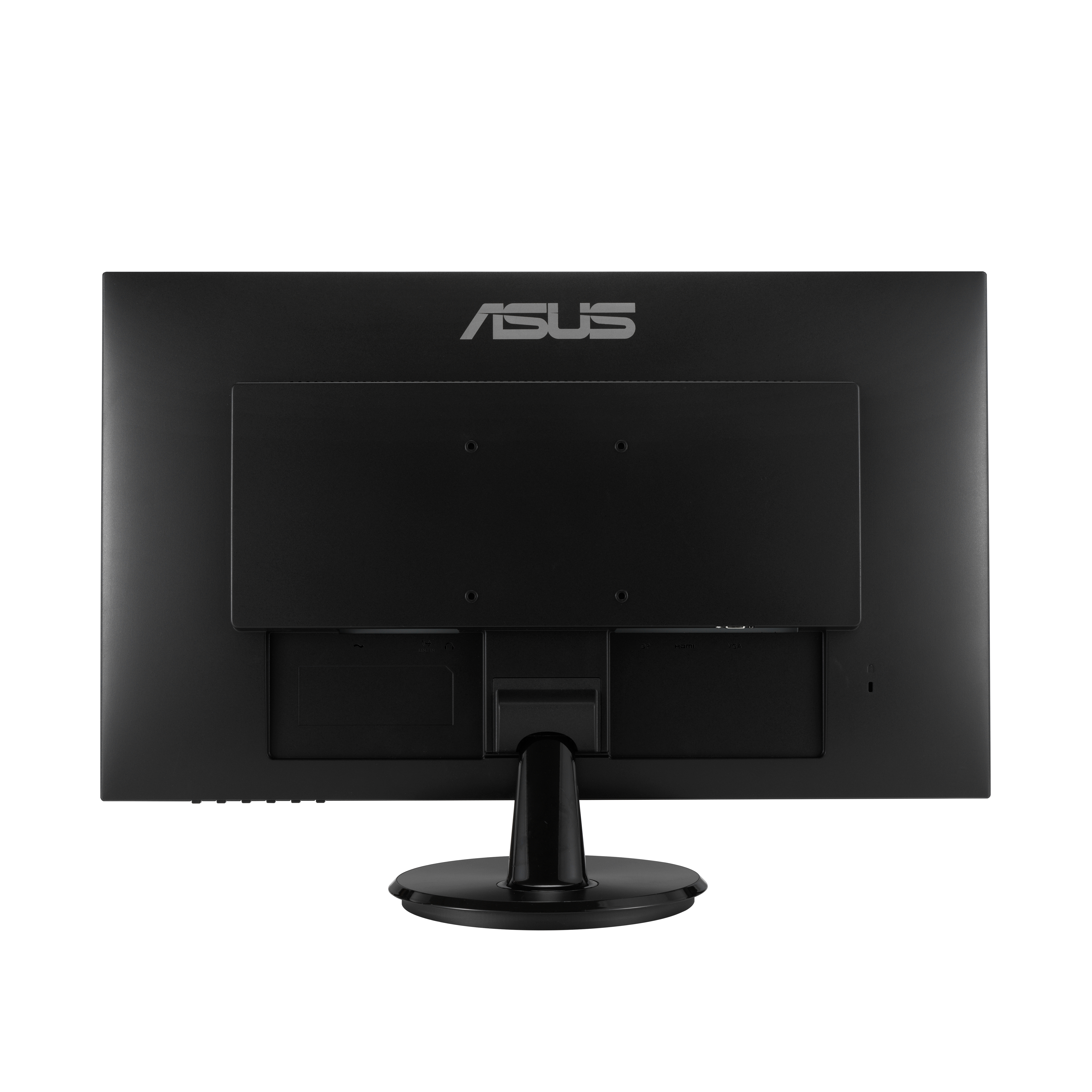 Siyah bir ASUS monitörün arka görünümü, siyah bir ayaklık ile. Arka kısımda çeşitli giriş portları bulunmaktadır.