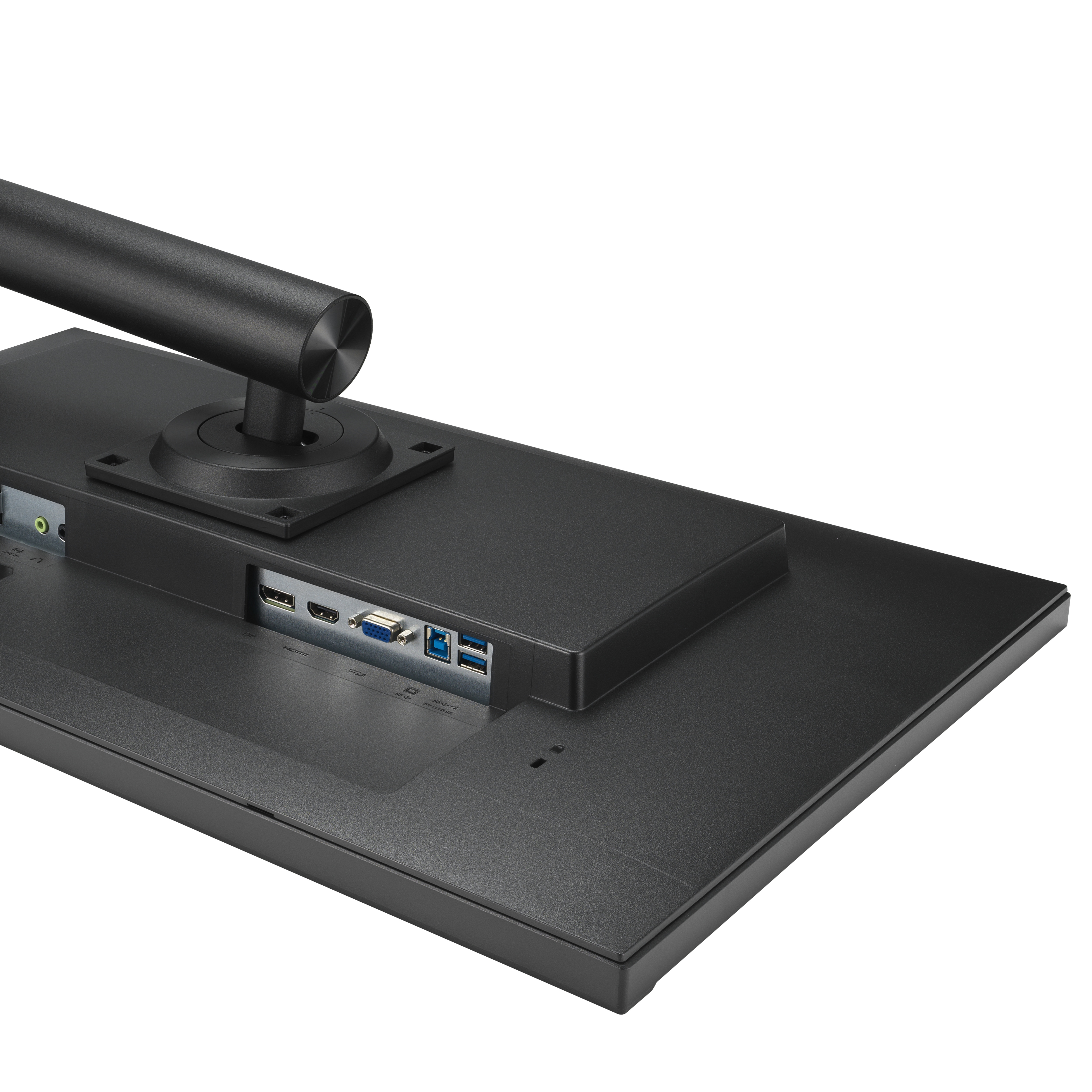 Tył czarnego monitora z różnymi portami, w tym HDMI, USB i wejściem zasilania.