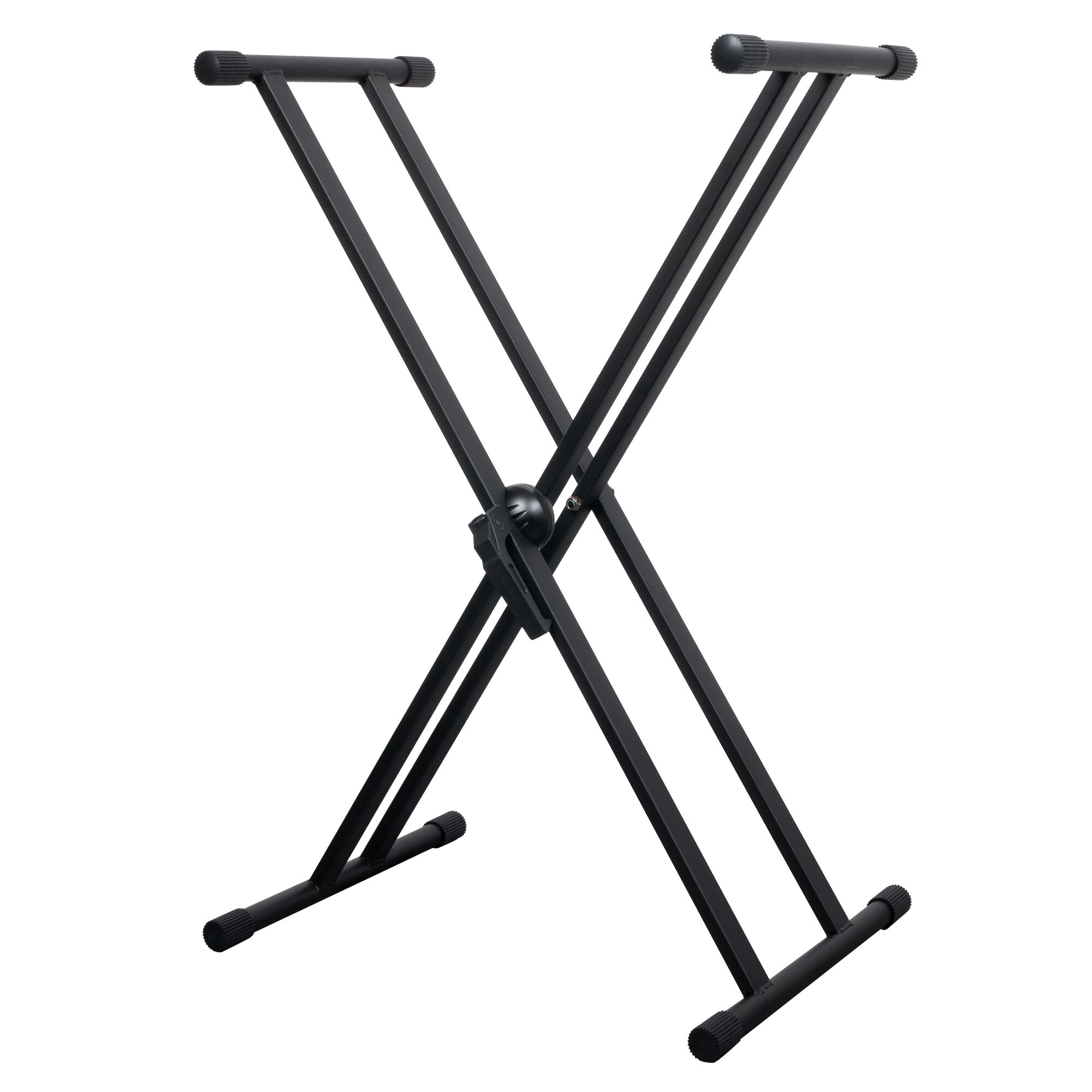 Soporte de teclado negro en forma de X. Tiene altura ajustable y soporta dos teclados.