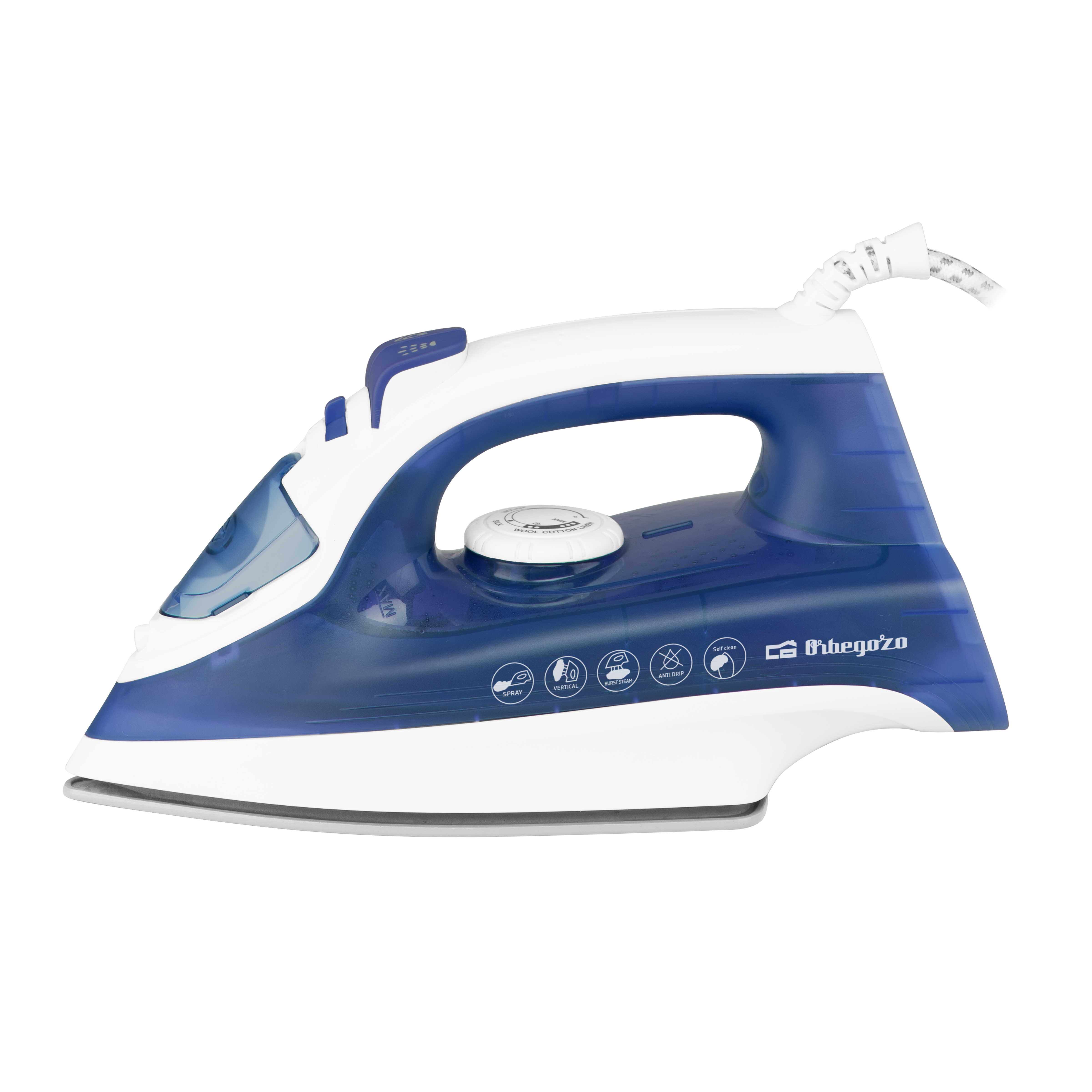 Plancha blanca y azul. Incluye un depósito de agua azul transparente y un cable blanco.