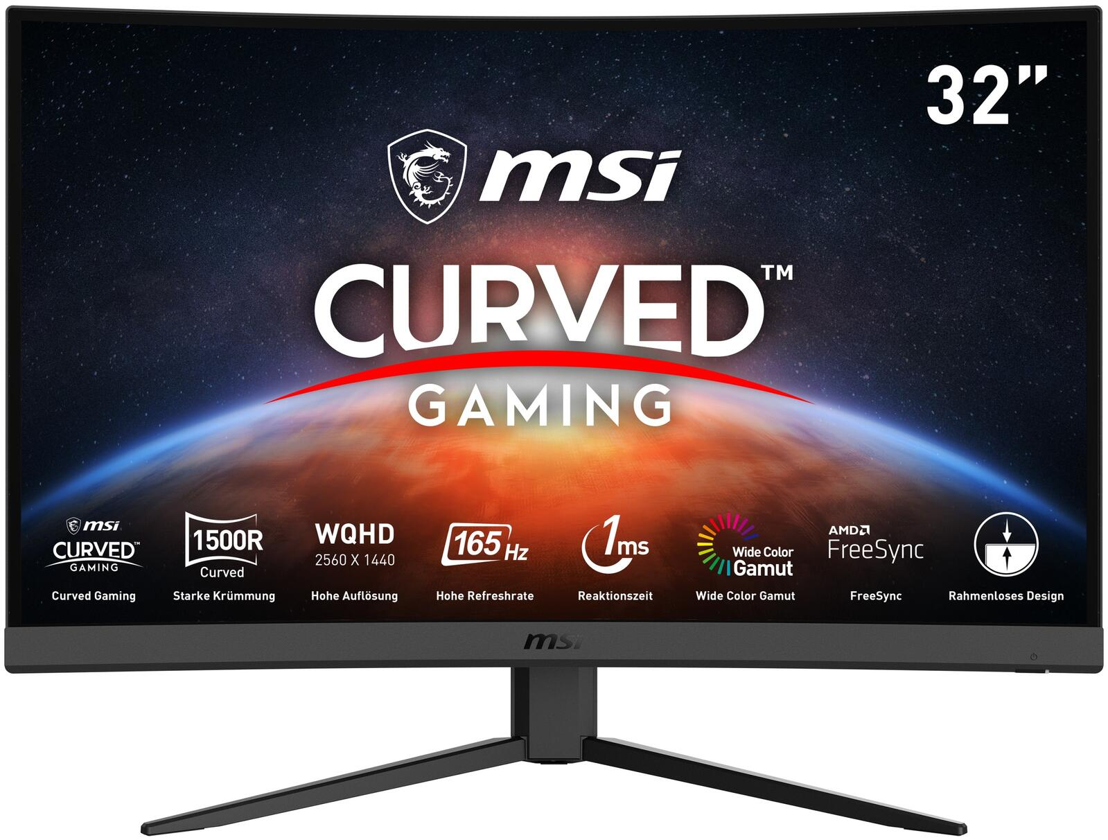 Zakrzywiony monitor do gier MSI. Wyświetlacz pokazuje słowa 'Curved Gaming' i specyfikacje.